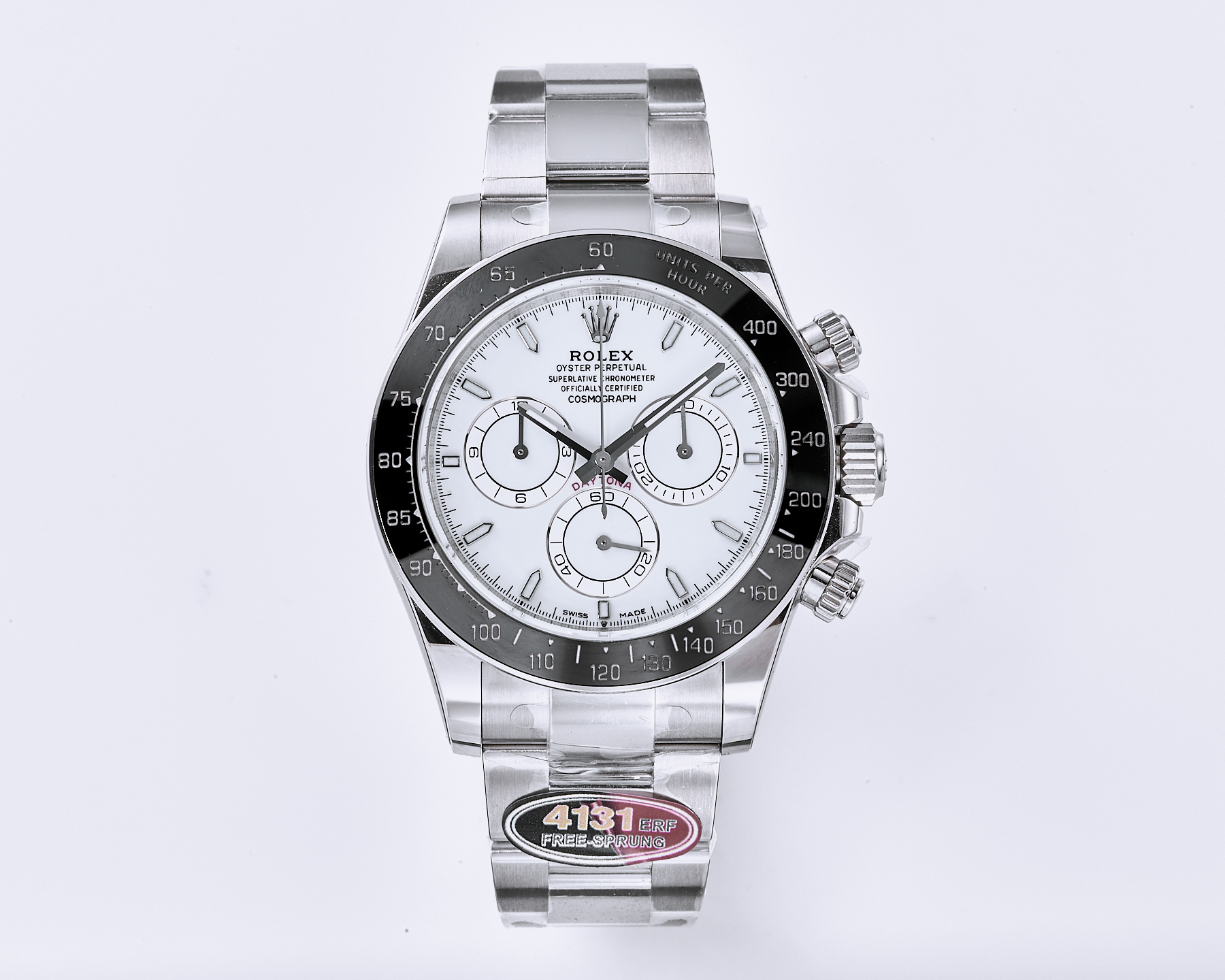 NO:944065,ERF Factory 2026 latest Daytona series!  Super weight card-free Caliber: 4131 movement, stable and reliable performance, no fakes at first glance. 1. The material insists on using 904L stainless steel, which shows a moister, more gray-white metallic luster, and is more corrosion-resistant. The initial data of each curved surface and edge of the case is infinitely close to the original. The details of the strap and case are polished. Visually observe the connection between the strap links, and the connection between the lugs and the strap. This polishing level is infinitely close to the original. 2.  Dial details - sharpness 1) Carefully observe the inlay and polishing of the time scale. The edge of the ERF scale is sharp, clean and without burrs. Especially the polished surface of the metal frame can reflect a very sharp highlight strip under the light. The luminous oil filling presents a cotton wool texture, which looks particularly delicate and in-print. 2)  The central axis of the pointer (the center of the second hand) is an important position to check the workmanship of the replica dial. The central axis of ERF is usually made neater and more centered, and the needle tip is also clean and neat. 3) Logo and font The 'Rolex' crown logo and English font on the dial, ERF's oil-filled cover printing technology, the letter mark is fuller and more three-dimensional, and there is no paint spillage or blur under the microscope. Currently, this is the top presence in the market!  3. Ring and glass 1) Ceramic ring Cerachrom Ceramic ring scale The platinum powder filled with silver gray is whiter and has a grainy feel. It is not prone to graying. The accuracy of the scale alignment is also at the top level. 2) The chamfering processing of the edge of the sapphire glass and the smoothness of the glass height and the ring are very well controlled. Viewed from the side, the overall contour lines are smooth. 3)  The background color of the calendar and the white background color of the printing are evenly matched with the orange peel pattern. After countless film proofreading, mimeographing times and sequential oil filling. Under the comparison of the mine mirror, there is almost no difference from the original. Details determine the quality. ERF factory is your best choice.19860909ERF工厂 2026最新迪通拿系列！超级砝码无卡度Cal:4131机芯 性能稳定可靠拒绝一眼假 1材质坚持使用904L不锈钢,呈现出更润泽、更偏灰白色的金属光泽,并且更耐腐蚀. 表壳每一个曲面、棱角的初始数据就无限接近原版. 表带与表壳细节打磨 视觉观察表带链节之间的连接处,以及表耳与表带的衔接处.这种打磨水准是无限接近原装的. 2. 表盘细节-锐利度 1） 刻度仔细观察时标刻度的镶嵌和打磨.ERF的刻度边缘锐利、干净,没有毛刺.特别是金属边框的抛光面,在光线下能反射出非常锐利的高光条,夜光填油呈现棉絮质地,显得格外精致且对版. 2） 指针指针的中轴（秒针中心）是检验复刻表盘做工的重要位置.ERF的中轴通常做得更工整、更居中,针尖的处理也干净利落. 3） Logo与字体表盘上的“Rolex”皇冠 Logo和英文字体,ERF的填油覆盖印刷技术字母标更饱满、更有立体感,在显微镜的照射下没有溢漆或模糊的情况,目前这点是市场顶尖的存在！ 3. 圈口与玻璃 1）陶瓷圈口 Cerachrom 陶瓷圈口刻度 银灰色填充的铂金粉颜色更白且有颗粒感.不易出现发灰的情况.刻度对齐的精准度也都属于顶级水平. 2） 蓝宝石玻璃玻璃边缘的倒角处理和玻璃高度与圈口的平顺度都控制得非常好,从侧面看,整体的轮廓线条流畅. 3） 日历底色与印刷白色底色形状均力橘皮纹路,经过无数次菲林的校对、油印次数和顺序填油.在矿大镜的比对下,几乎与正品无差异 细节决定品质 ERF工厂是您不二选择,,Watch