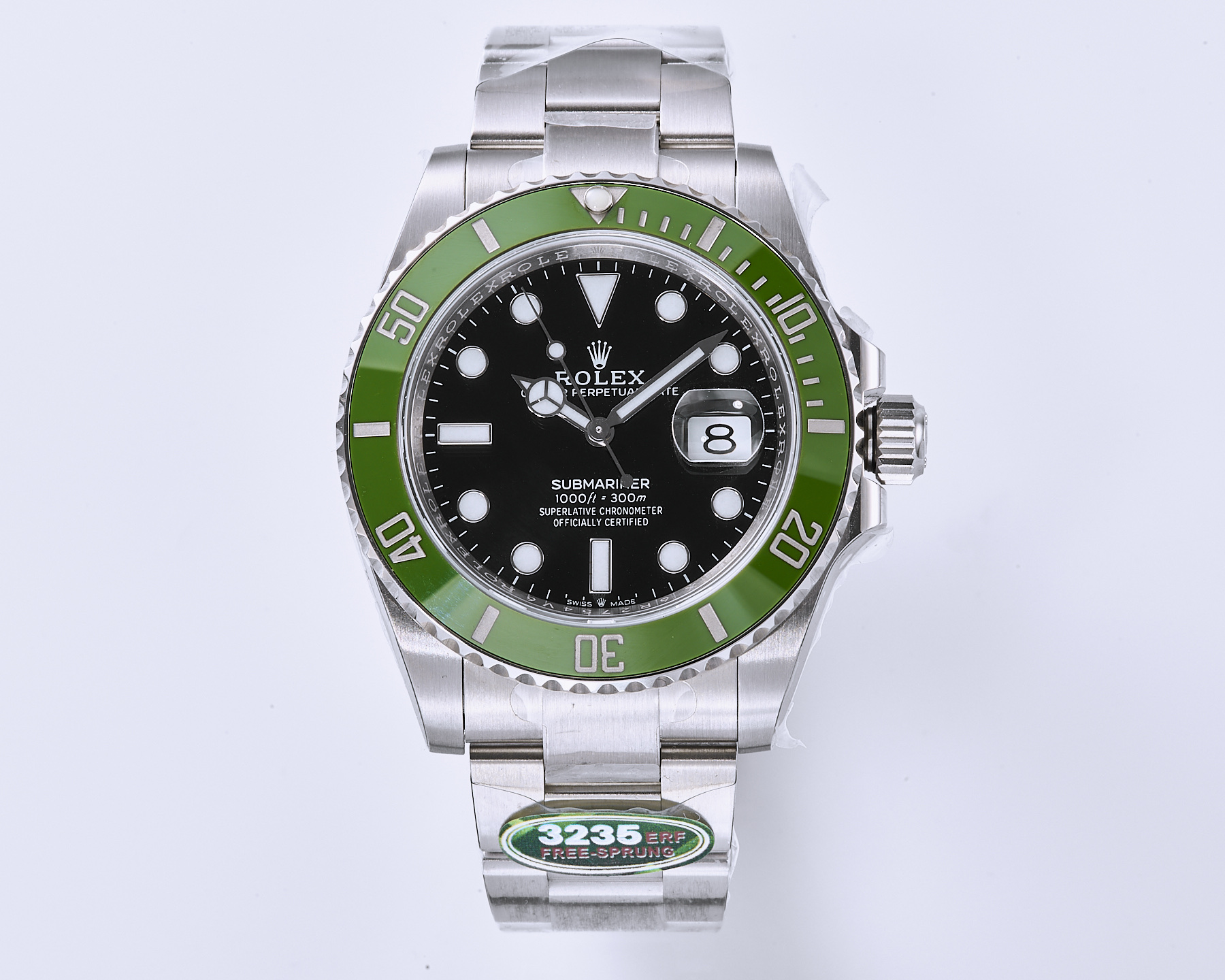 NO:944073,ERF's strongest Rolex ROLEX weight-free Submariner calendar fourth generation Green Submariner 41MM series. 1. The case and strap are made of the original one-to-one mold. 904L stainless steel is made of high-strength brushed and polished. It is corrosion-resistant and oxidation-resistant and restores the original feel. 2. The ring mouth is equipped with the latest fourth-generation emerald green ceramic ring. The color and brightness are highly restored. It uses beeswax luminous pearls and the same font as the original version. It is filled with platinum and inverted triangle processing.  The font is clear and tidy, wear-resistant and scratch-resistant, does not oxidize or discolor, and perfectly restores the original version. The mirror surface is made of high-density sapphire crystal glass and is coated with blue light. It is transparent and anti-dazzling. The text is printed clearly and finely. It is polished and rounded. The luminous filling is filled with BGW9 luminous powder imported from Switzerland, which shows a blue light color. It is full and long-lasting. The movement is equipped with the strongest generation weight in Shanghai and has no card. Cal: The movement is comparable to the genuine paramagnetic blue Parachrom hairspring.  The balance wheel is equipped with a weight device with stable quality and accurate travel time. The details of the entire watch are well processed to pay tribute to the classics. It is produced by ERF with full sincerity. Welcome all the experts to taste it, rolex19860909ERF最强劳力士 ROLEX砝码无卡度潜航者日历型第四代绿水鬼41MM系列. 1表壳表带采用原装一比一开模制作 904L精钢材质高强度拉丝打磨 耐腐蚀抗氧化 还原原版手感. 2圈口搭 载最新款四代翠绿色 陶瓷圈 色泽与光亮 度高度还原 采用蜜蜡色夜明珠与原版一致字体铂金填充 倒三角处理 字体清晰工整防磨耐刮 不氧化 不变色 完美还原原版 镜面采用高密度蓝宝石水晶玻璃镀蓝光 处理 通透防眩晕 字面印刷清晰字订精细 打磨圆润饱满 夜光填充采用瑞士进口 BGW9夜光粉填充 呈现蓝光色 饱满且持 久 机芯搭载上海最强一代砝 码无卡度 Cal:机芯 比肩正品的顺磁面蓝色 Parachrom 游丝 摆轮配备砝码装置质量稳定 走时精准 整 表细节处理到位致敬经典 诚意满满 ERF 出品 欢迎各位大神品鉴,,rolex,Watch