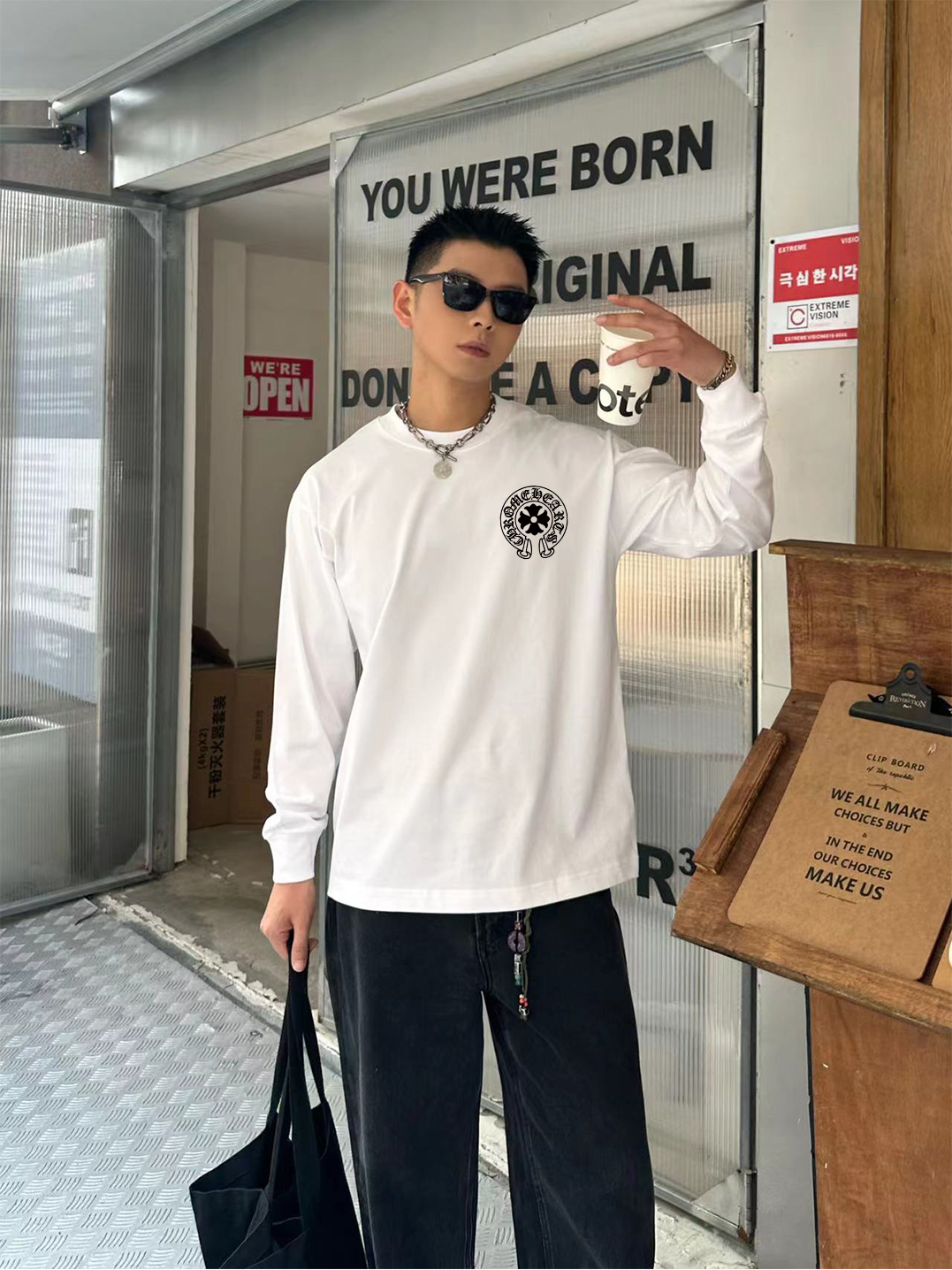 NO:529089,Croxin 2025 Spring and Autumn New Style Round Neck Long Sleeve T-shirt Front and Back Logo Alphabet Pattern Print High-end Simple, Loose, Casual, Breathable, Evergrande Men and Women Size Size S M L XL XXL Five Sizes Color White Black, Chrome Hearts, Tees, t-shirt, alexander wang19860909克罗心 2025 春秋新款 圆领长袖T恤 前后logo字母图案印花 高端简约宽松休闲透气百搭 男女同款 尺码S M L XL XXL 五个码 颜色白色 黑色,,chrome hearts,tees，t-shirt,alexander wang,Men's clothing