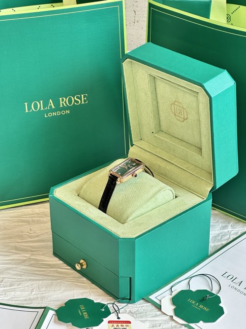 Lola Rose Women's Rectangular Malachite Dial Watch with Black Leather Strap