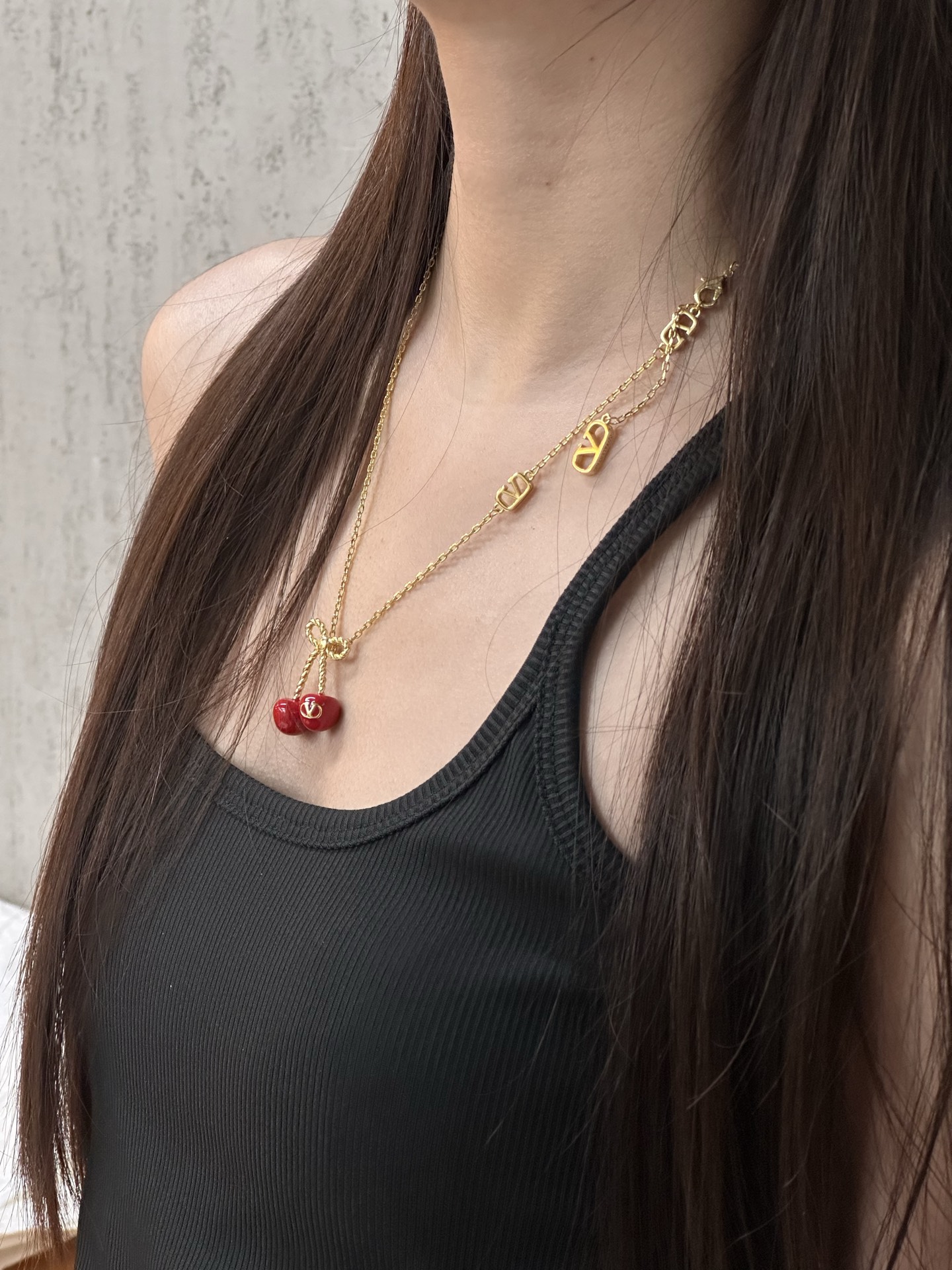 Valentino Garavani Gold-Tone Finish Cherry Pendant Necklace,Adjustable Length