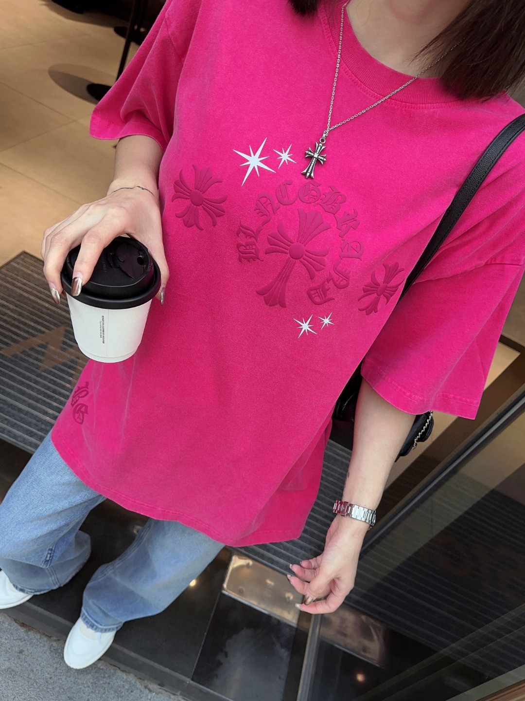 Chrome Hearts Women's Pink Cross Graphic T-Shirt, Street Style Fashion 7 a1713145046756 5235