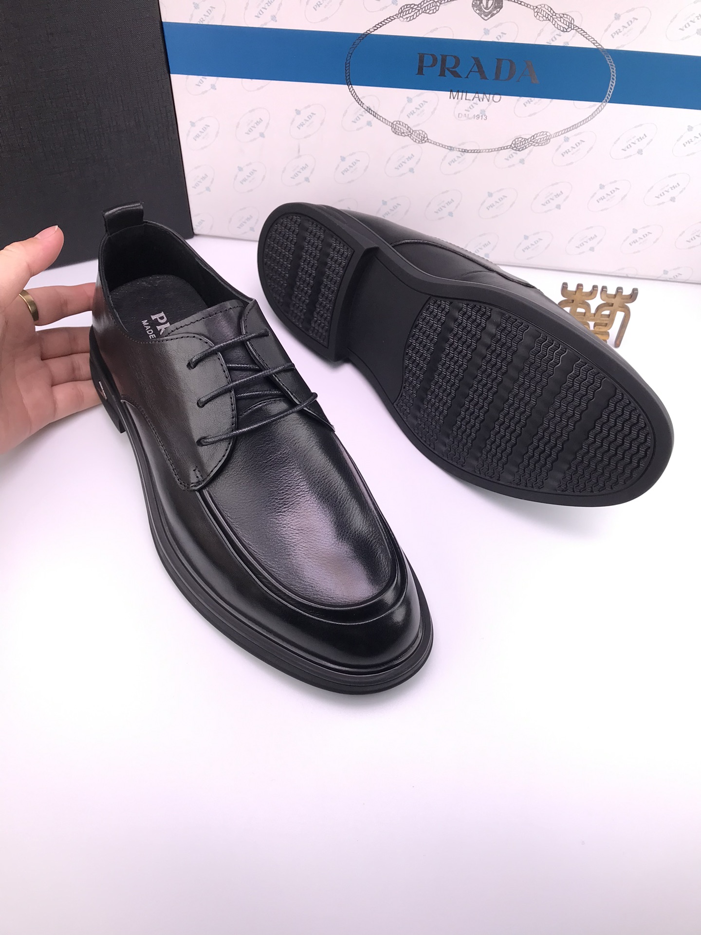 PRADA Men's Black Leather Lace-Up Dress Shoes Soft Sole Size 38-44 10 i1744643022 8424 1