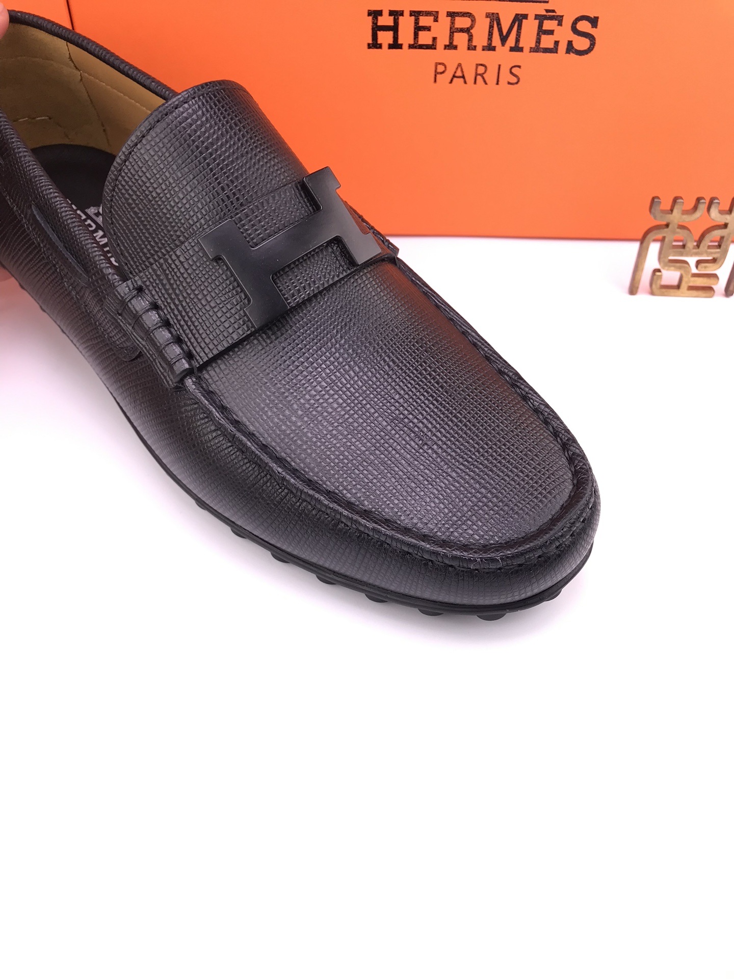 Hermes Black Leather Loafers with Signature H Buckle, Men's Size 38-44