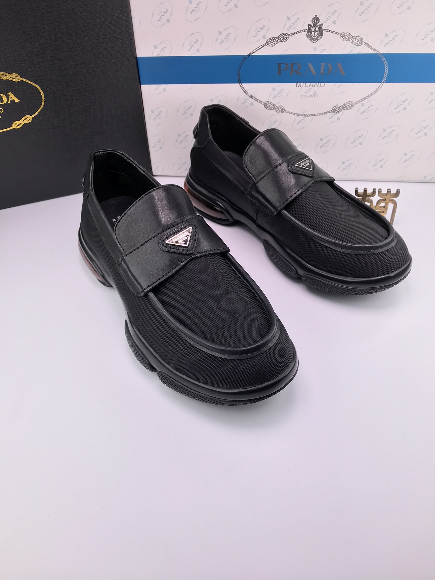 Prada Men's Black Ribbed Canvas Loafers with Leather Trim Air Cushion Sole