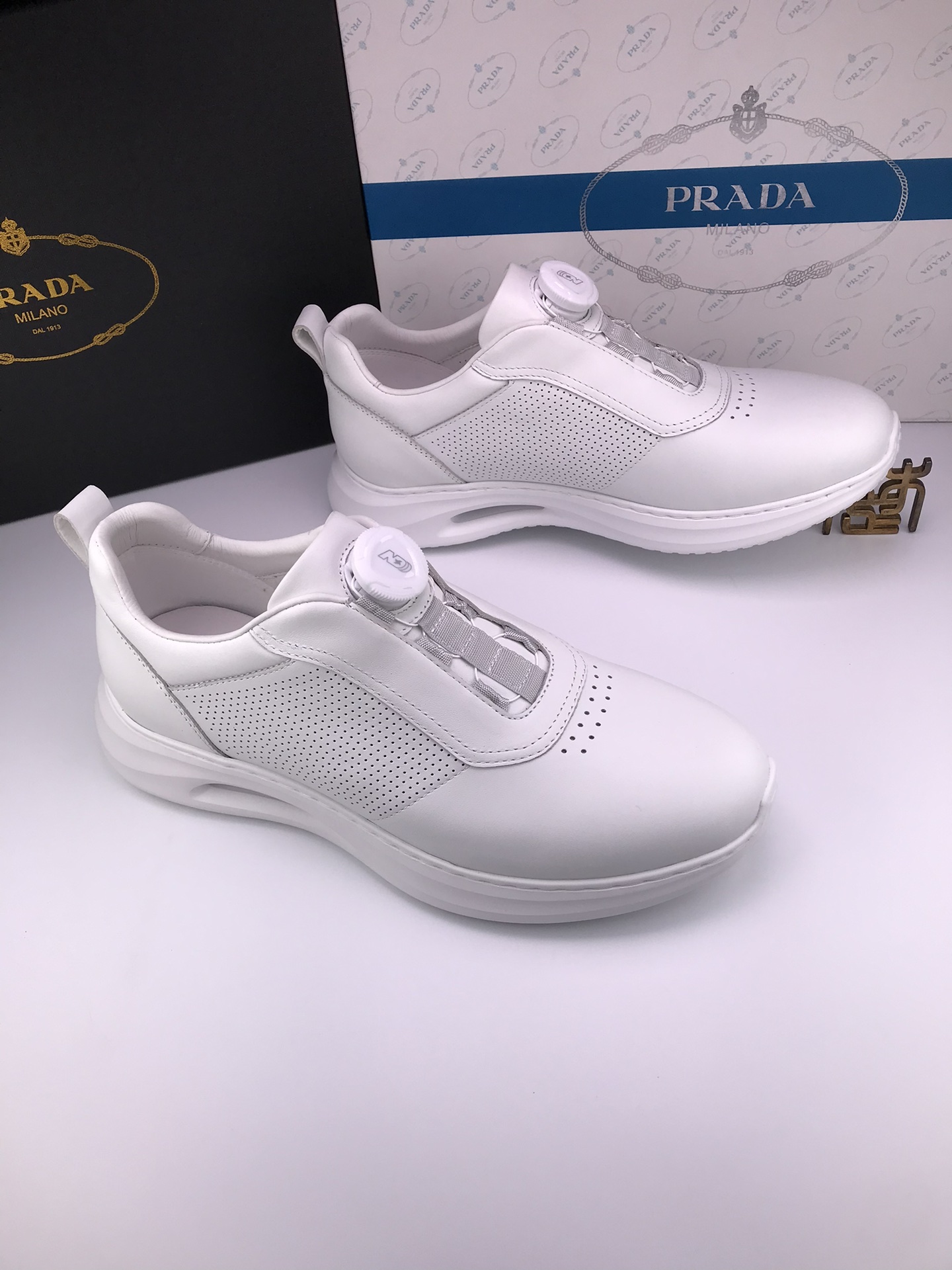 PRADA Men's White Leather Lace-Up Sneakers With Perforated Design 10 i1749117399 6450 5