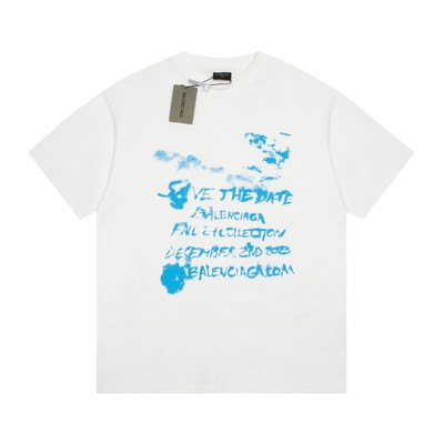 Cheap Wholesale Balenciaga Clothing T-Shirt Blue White Printing Unisex Cotton Short Sleeve