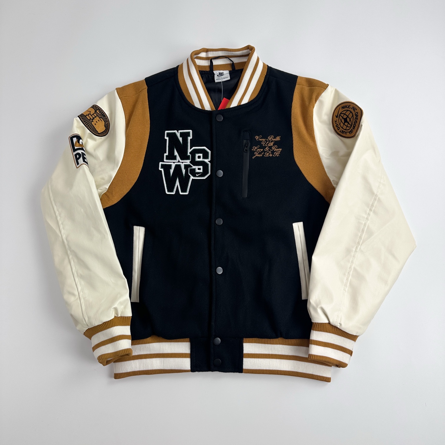 Nike Sportswear Destroyer Jacket - Black/Brown, Leather Sleeves, Embroidered Details