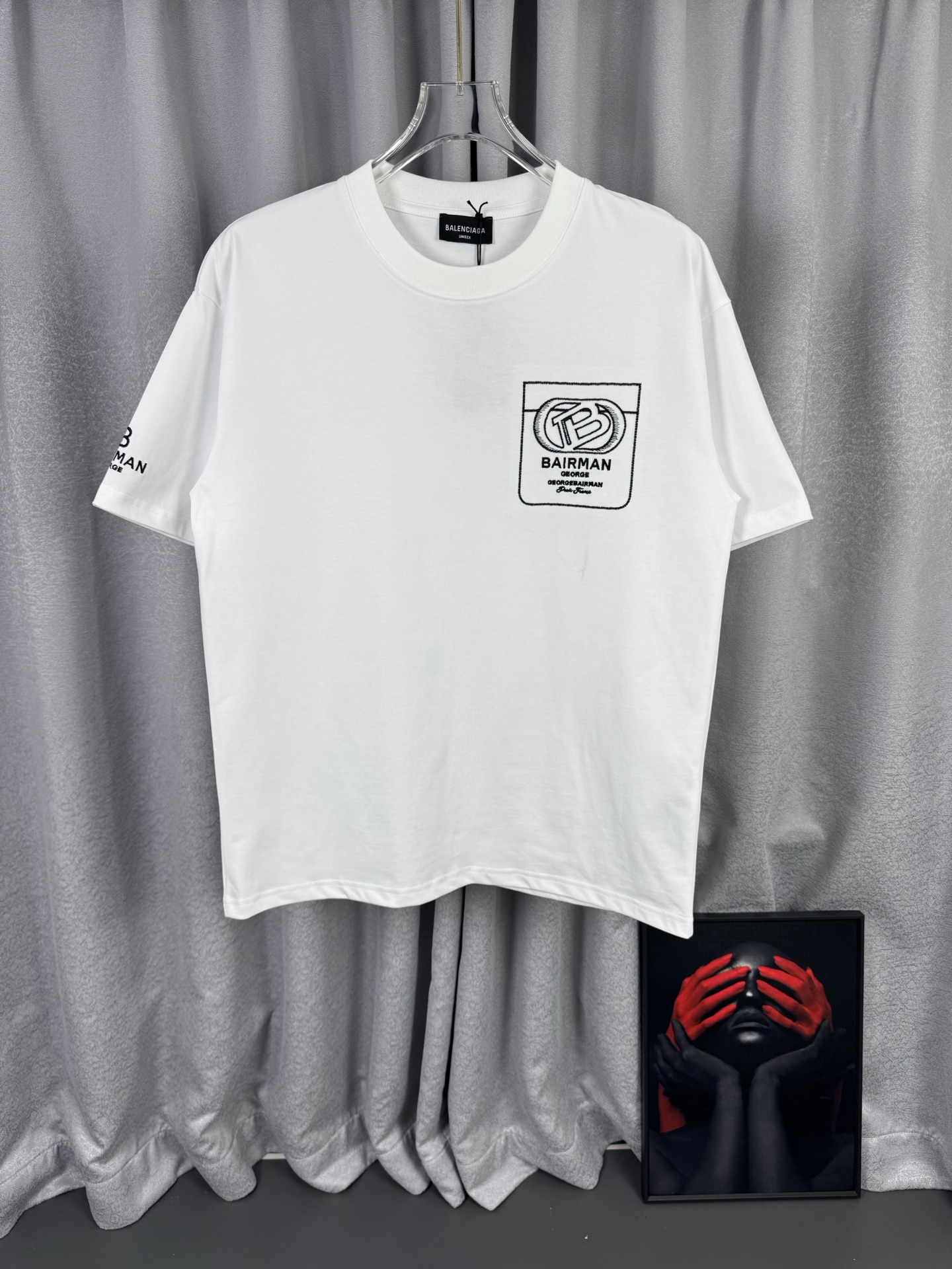 P90 BLCG Balenciaga camiseta de manga corta con cuello redondo de 320 g de alta calidad marca clásica bolsillos bordado…