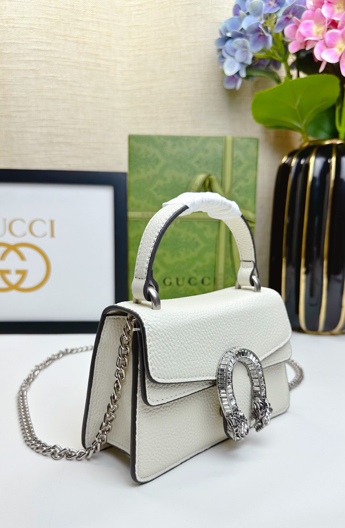 Dionysusシリーズ迷你手提包 - 高級感溢れる緑のレザーと水晶アクセント