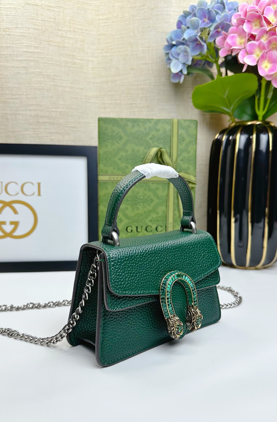 Dionysusシリーズ迷你手提包 - グリーンレザーと水晶の贅沢なデザイン