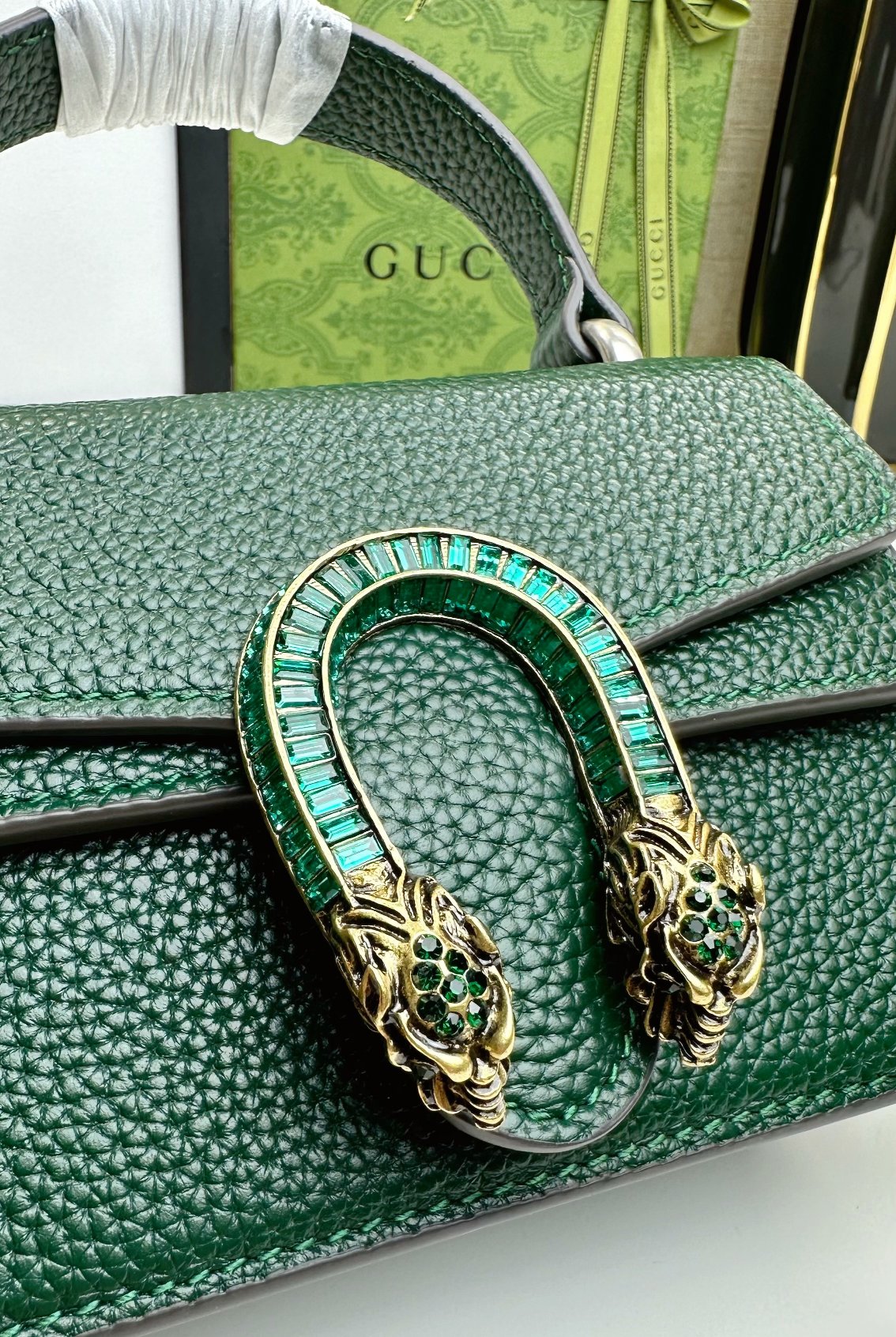 Dionysusシリーズ迷你手提包 - グリーンレザーと水晶の贅沢なデザイン