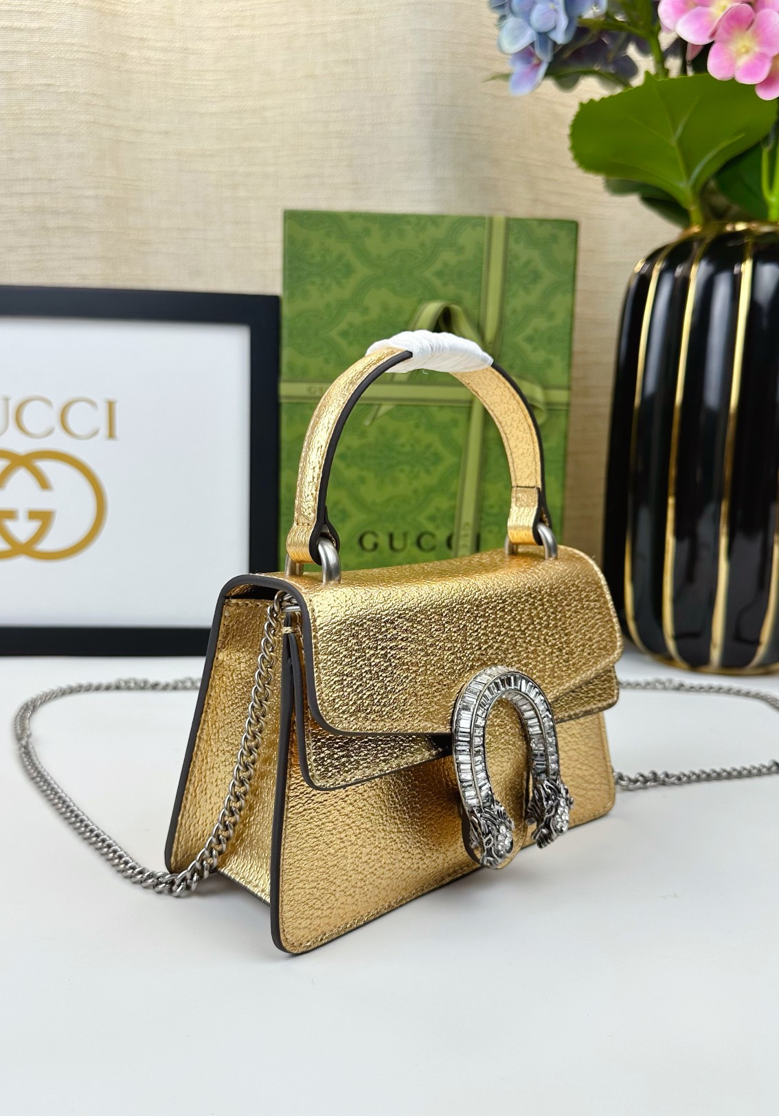 Dionysusシリーズ迷你手提包 - グリーンレザーと水晶アクセント