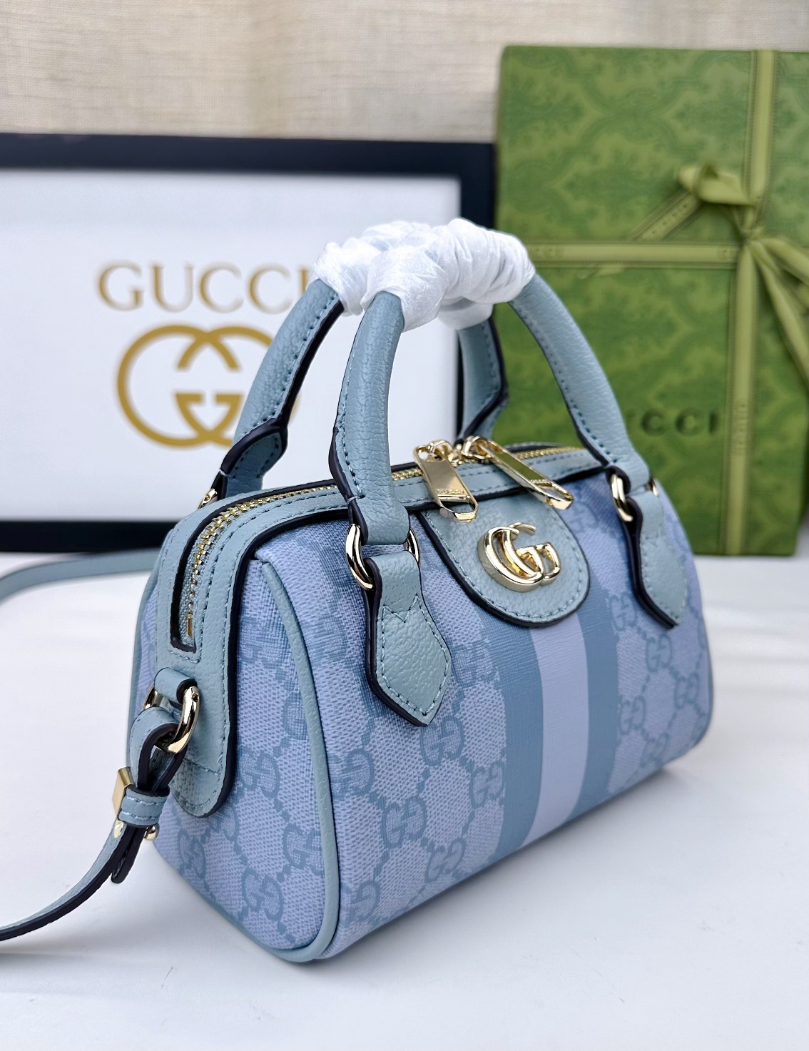 Gucci Ophidia 超ミニ手提げバッグ - 灰青色 GG Supreme帆布