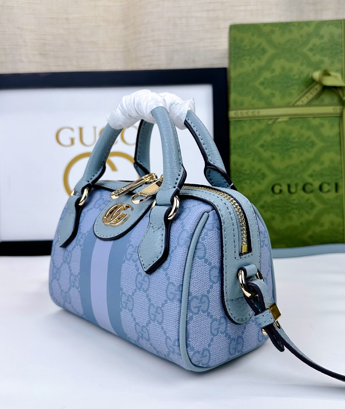 Gucci Ophidia 超ミニ手提げバッグ - 灰青色 GG Supreme帆布