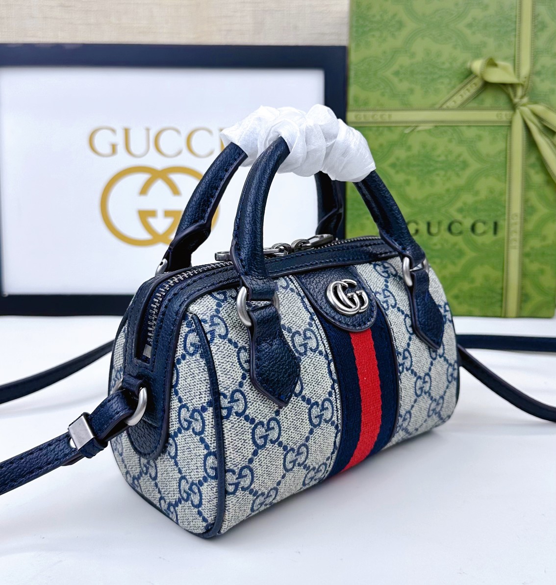 Gucci Ophidia 超迷你手提包 グレー・ブルーのGG Supreme帆布