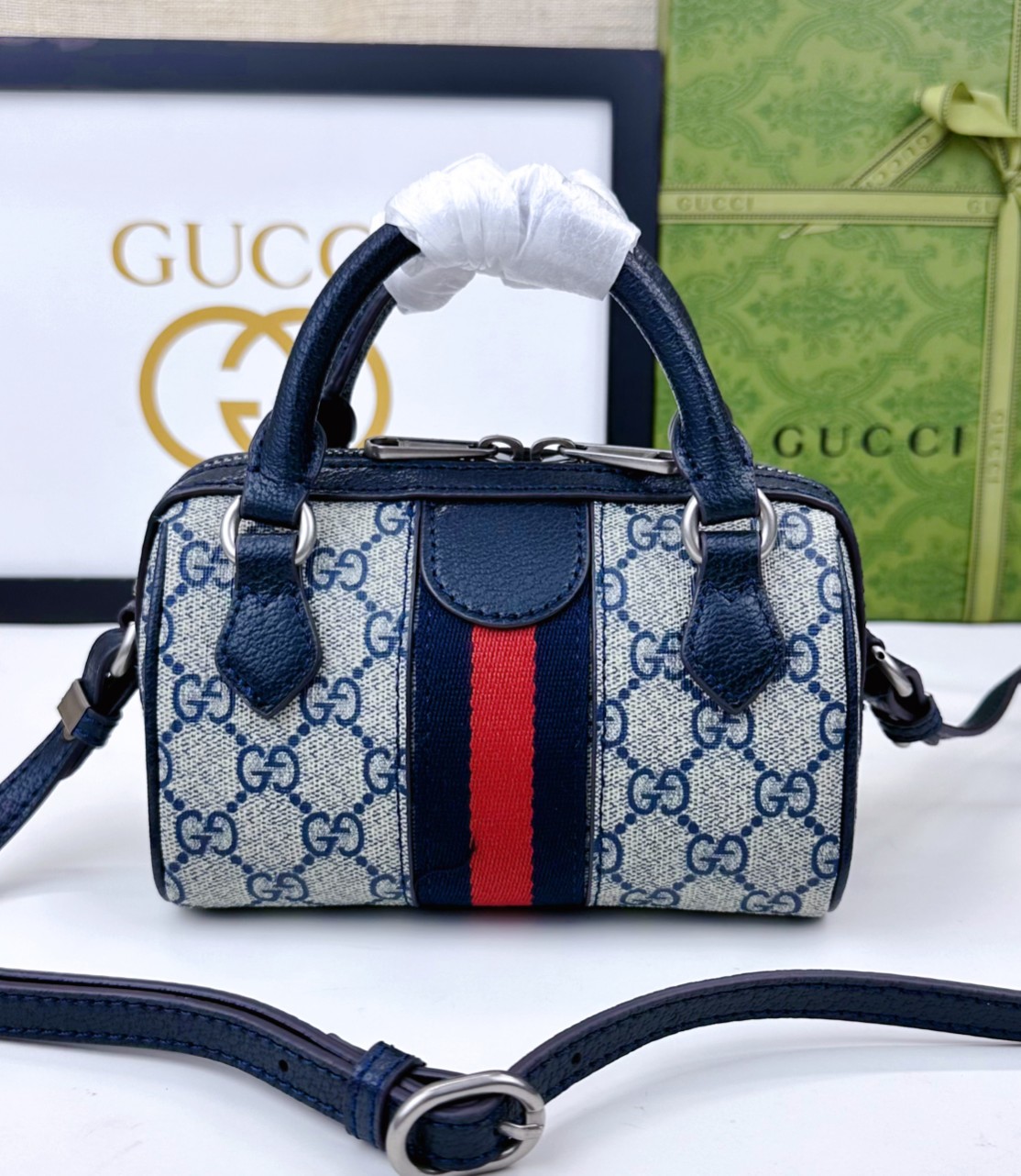 Gucci Ophidia 超迷你手提包 グレー・ブルーのGG Supreme帆布