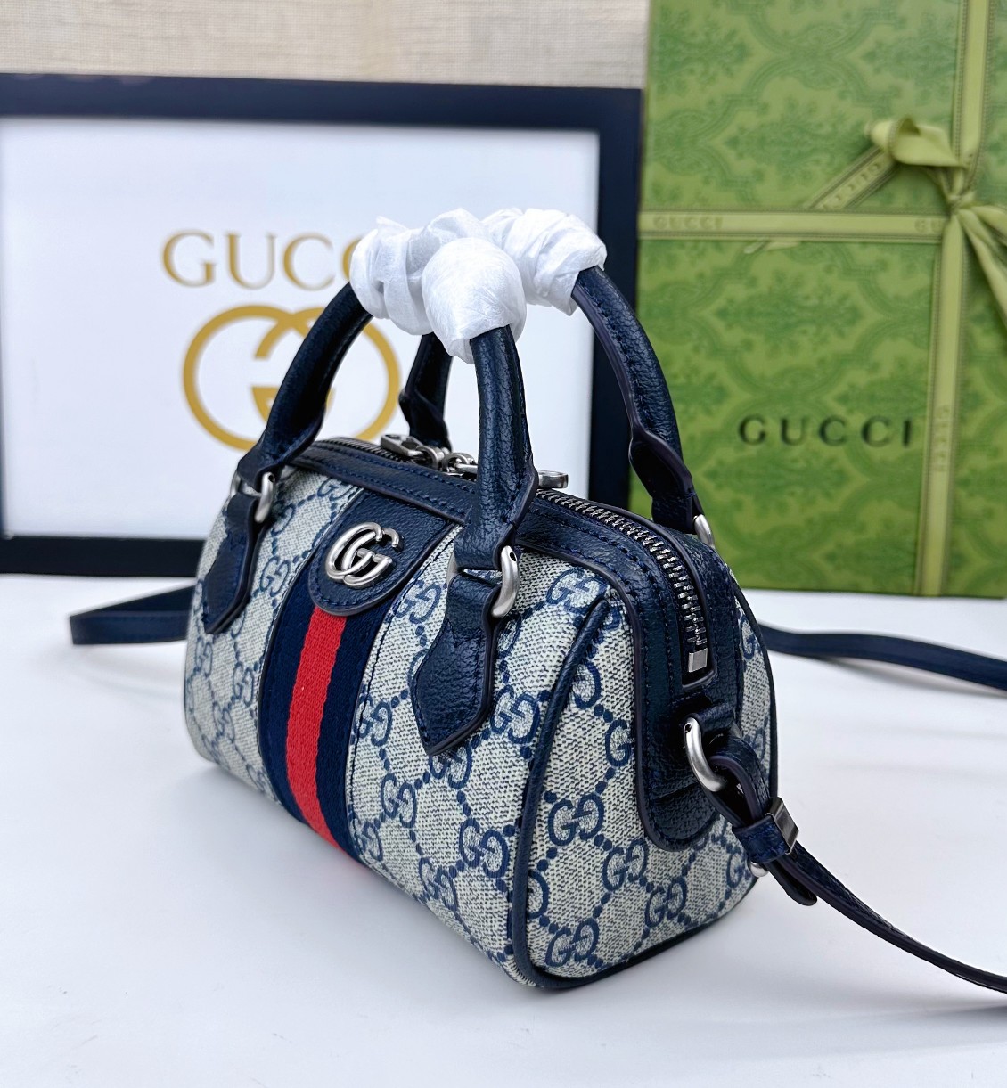 Gucci Ophidia 超迷你手提包 グレー・ブルーのGG Supreme帆布