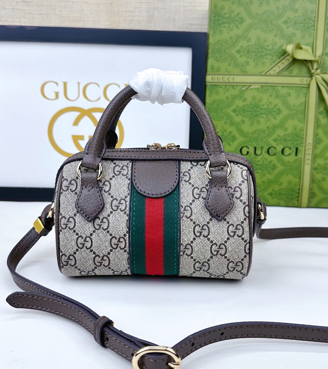Gucci Ophidia 超ミニ手提げバッグ グレー・ブルーのGG Supreme帆布