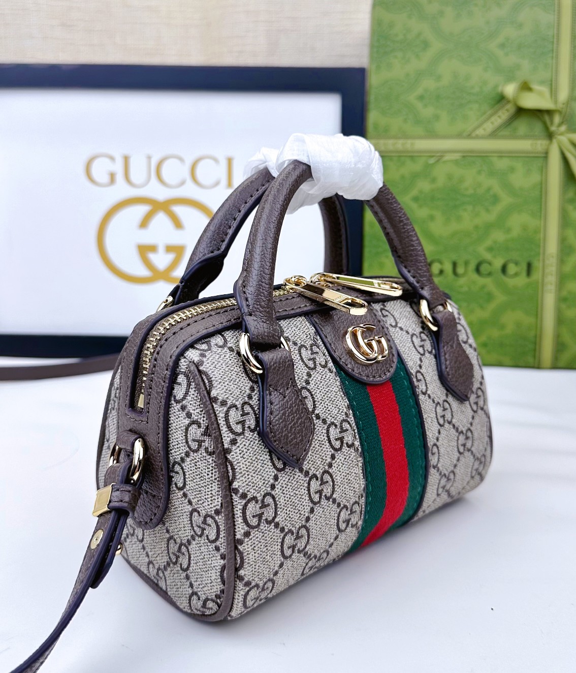 Gucci Ophidia 超ミニ手提げバッグ グレー・ブルーのGG Supreme帆布