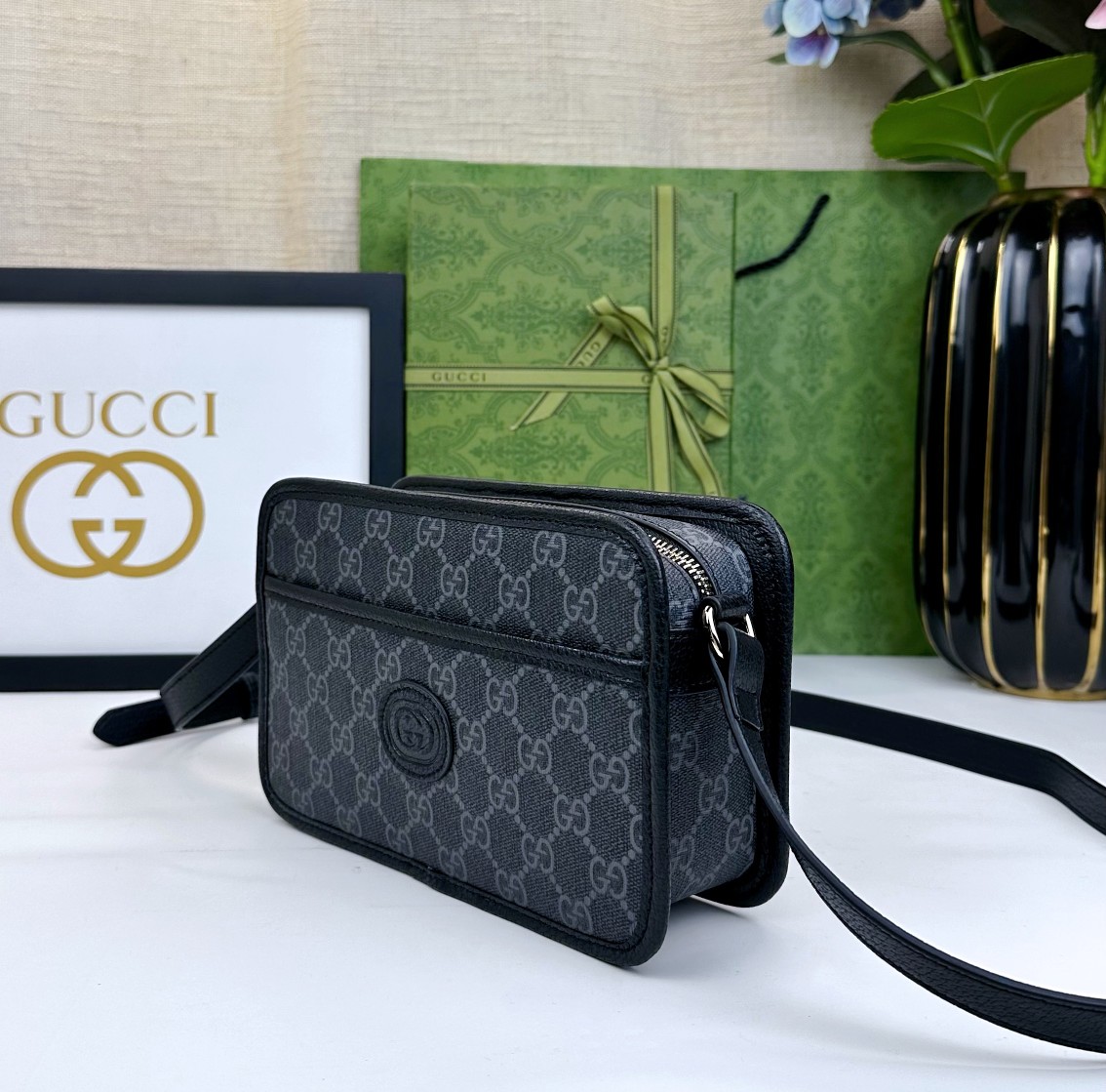 GG Supreme帆布小型肩背包 - クラシックなブルーとベージュの組み合わせ