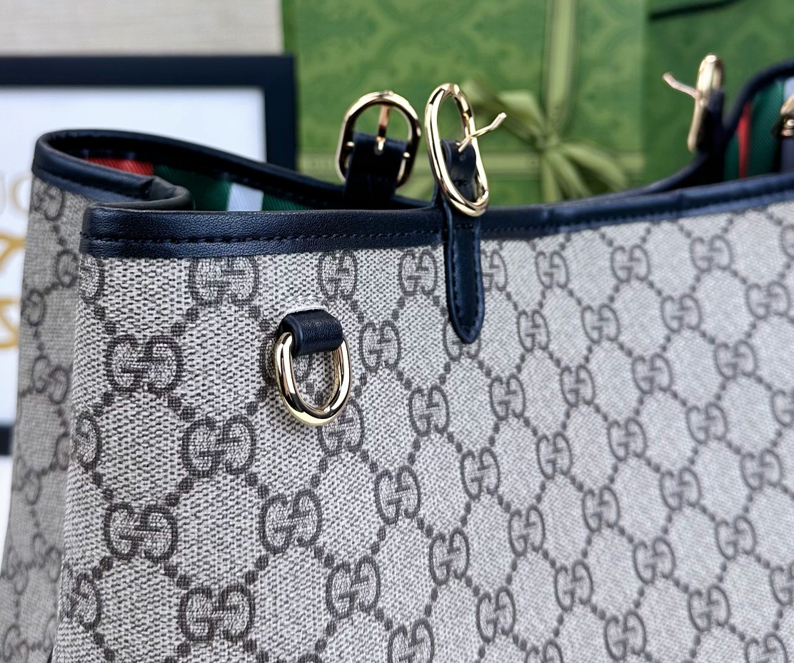  GG这款购物袋GG图案和条纹织带这两种品牌颇有辨识性的元素融合成经典搭配，Ophidia世界的演化之路