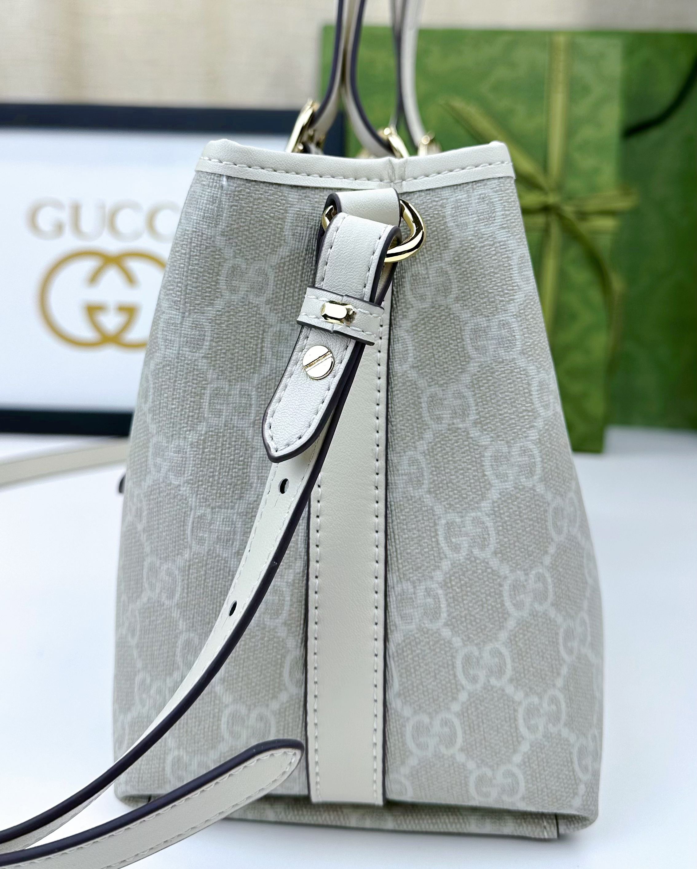  GG这款购物袋GG图案和条纹织带这两种品牌颇有辨识性的元素融合成经典搭配，Ophidia世界的演化之路