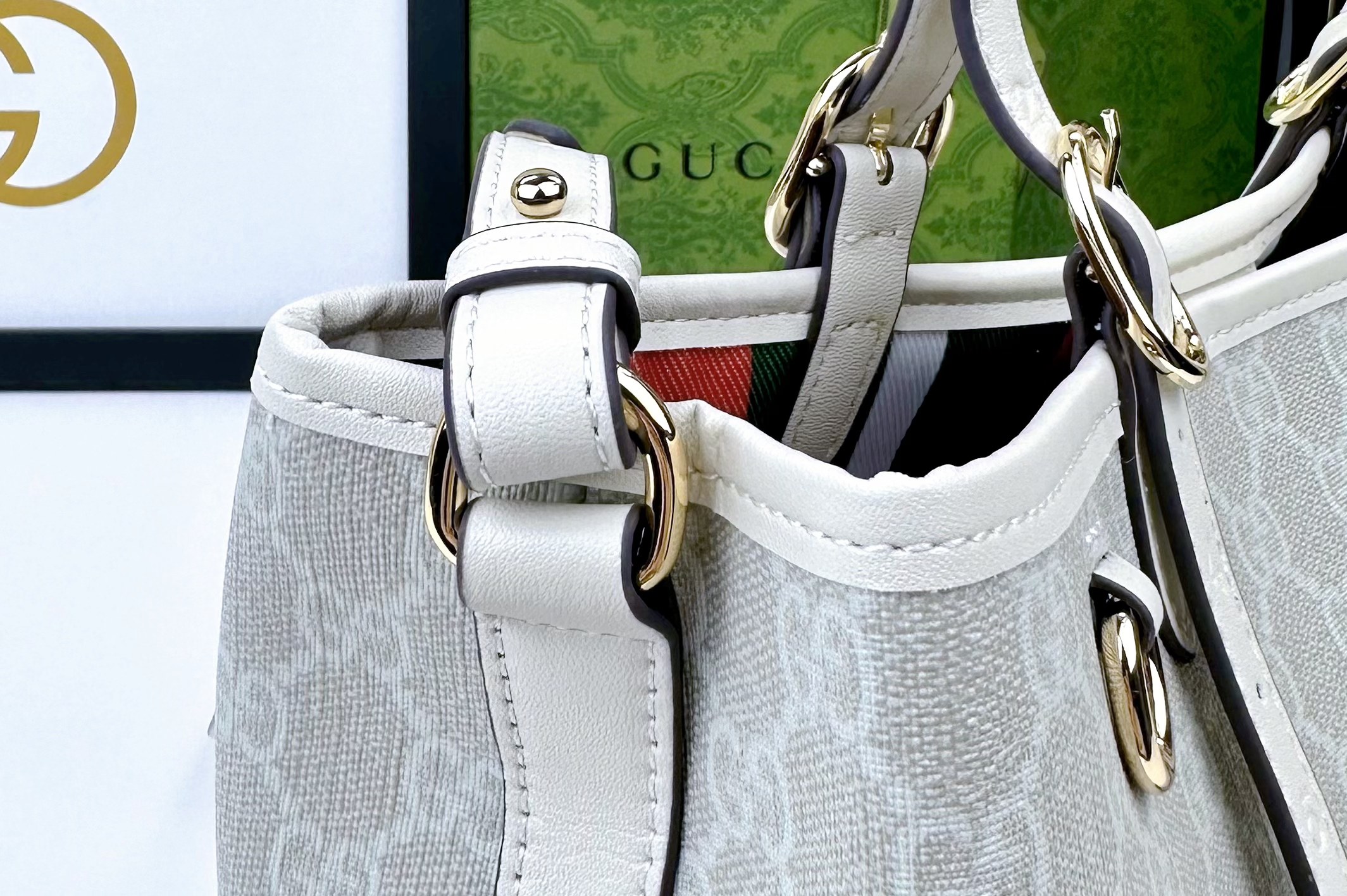  GG这款购物袋GG图案和条纹织带这两种品牌颇有辨识性的元素融合成经典搭配，Ophidia世界的演化之路