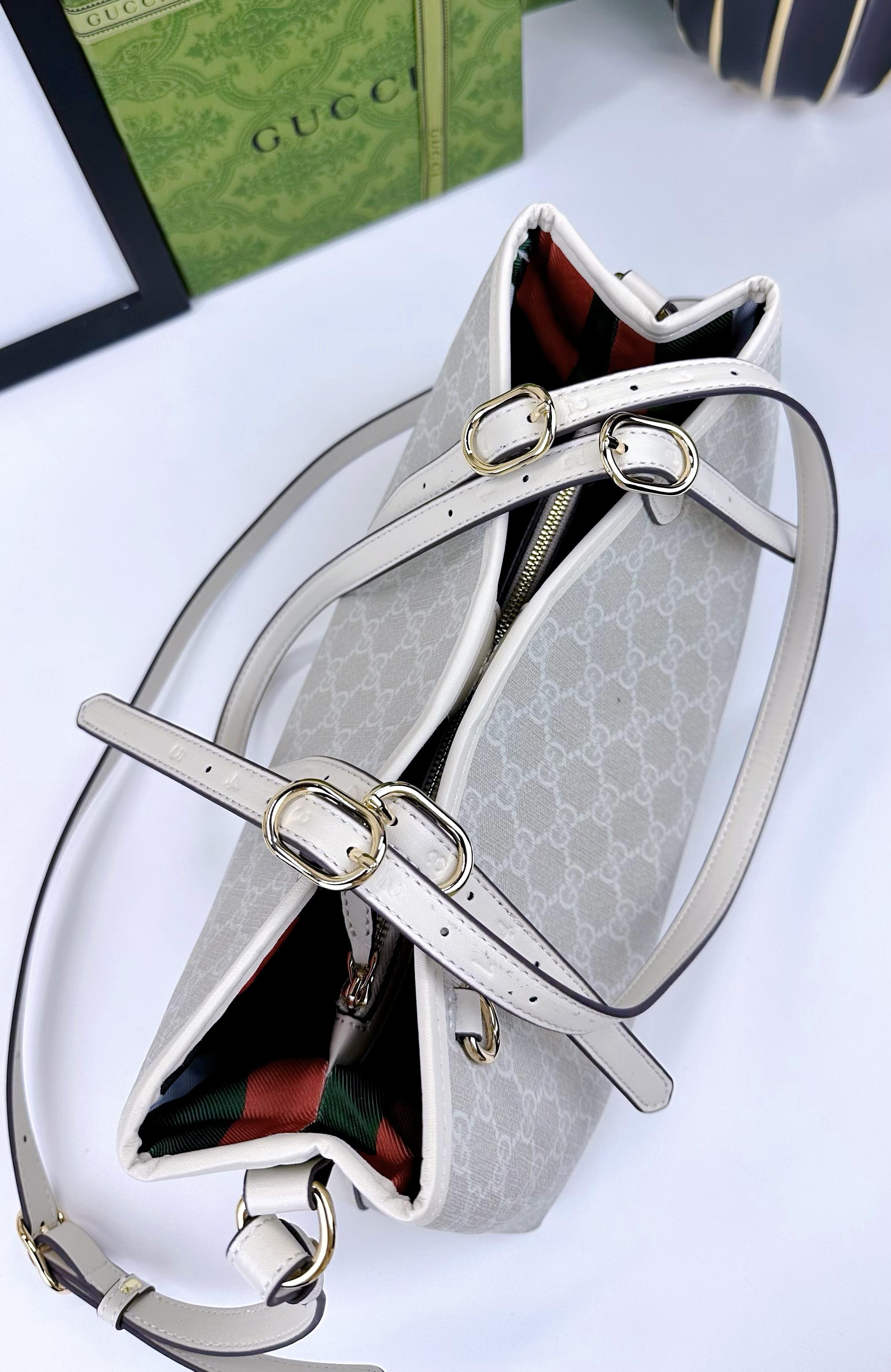  GG这款购物袋GG图案和条纹织带这两种品牌颇有辨识性的元素融合成经典搭配，Ophidia世界的演化之路