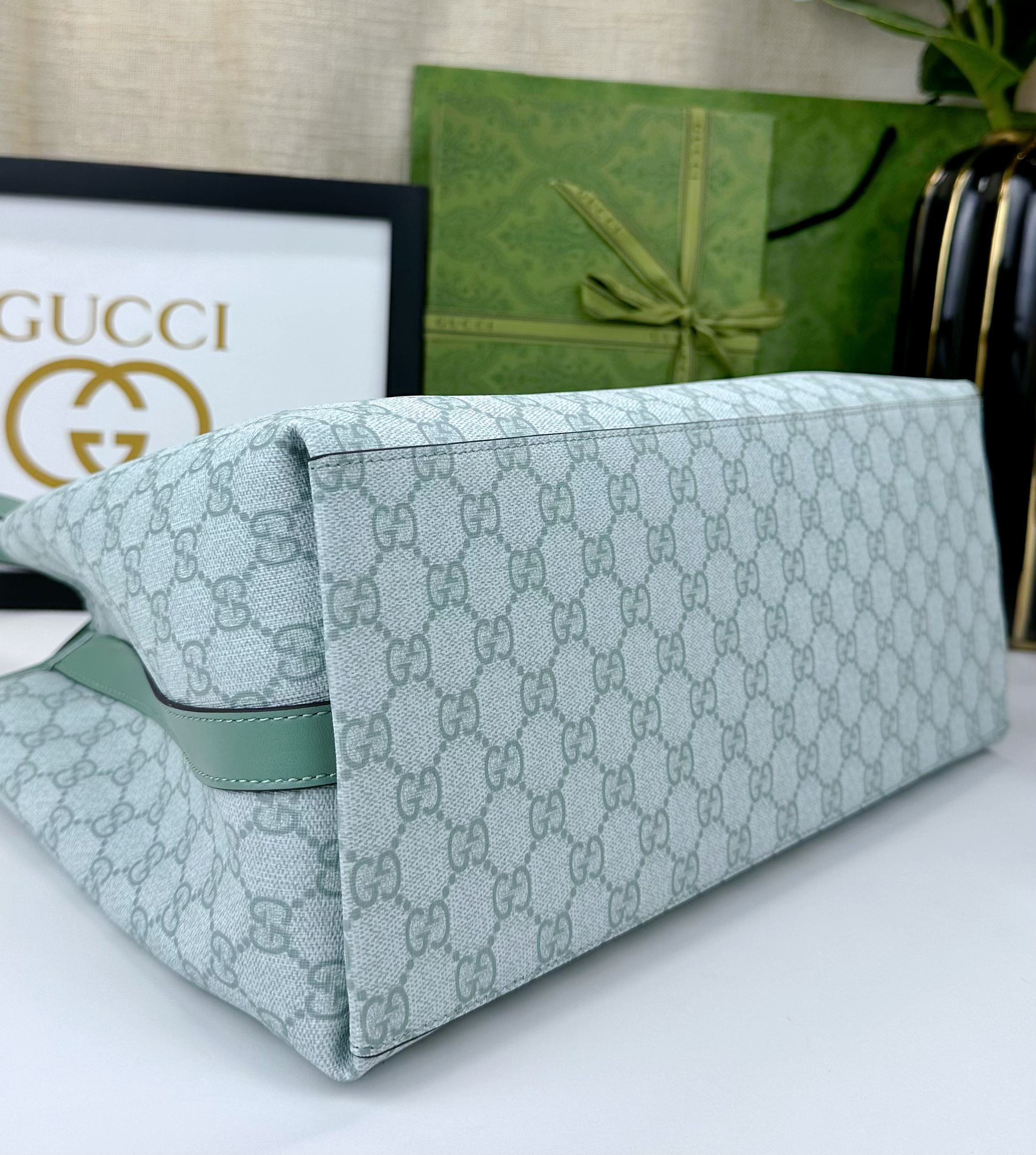  GG这款购物袋GG图案和条纹织带这两种品牌颇有辨识性的元素融合成经典搭配，Ophidia世界的演化之路