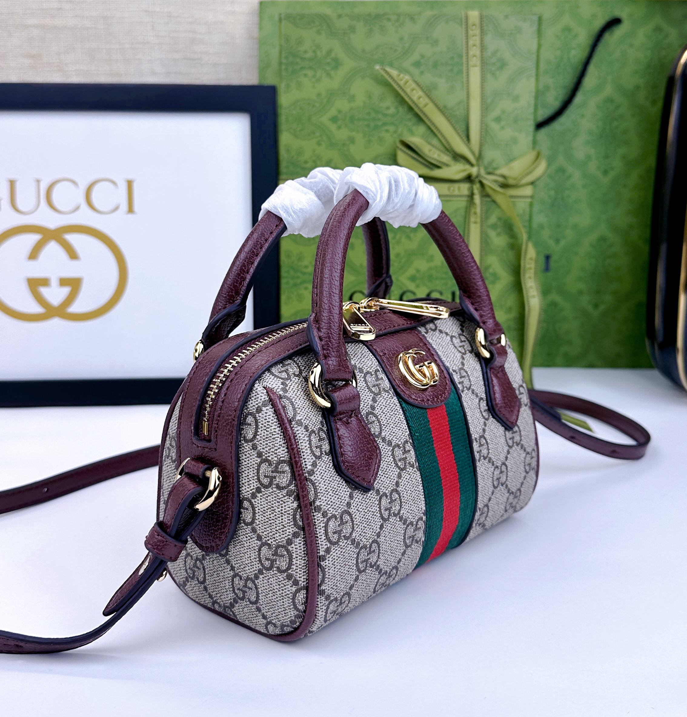 Gucci Ophidia 超ミニ手提げバッグ - グレー＆ブルーのGG Supreme帆布