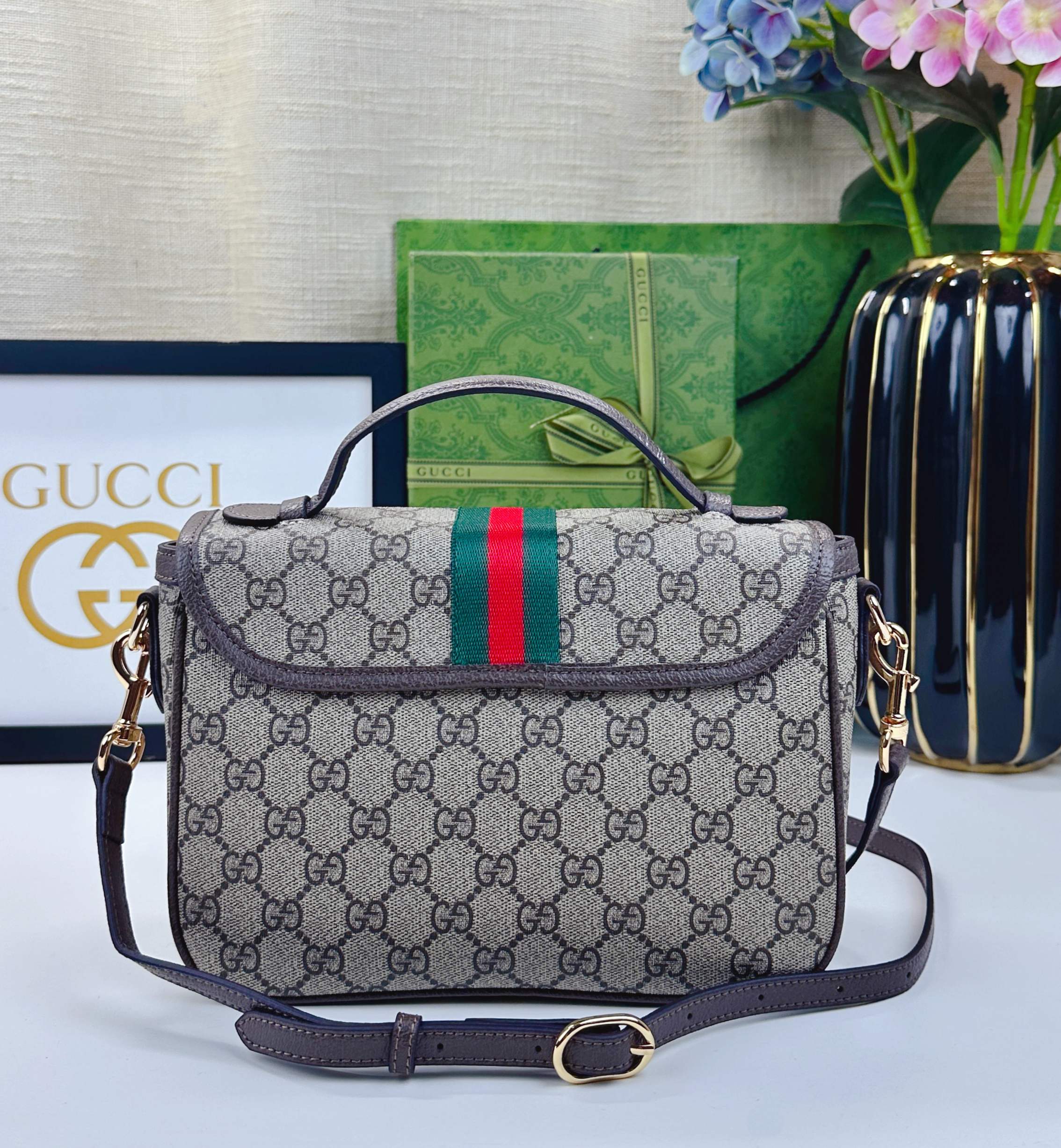 Ophidiaシリーズ新型ショルダーバッグ - 米色と深棕色のコンビネーション