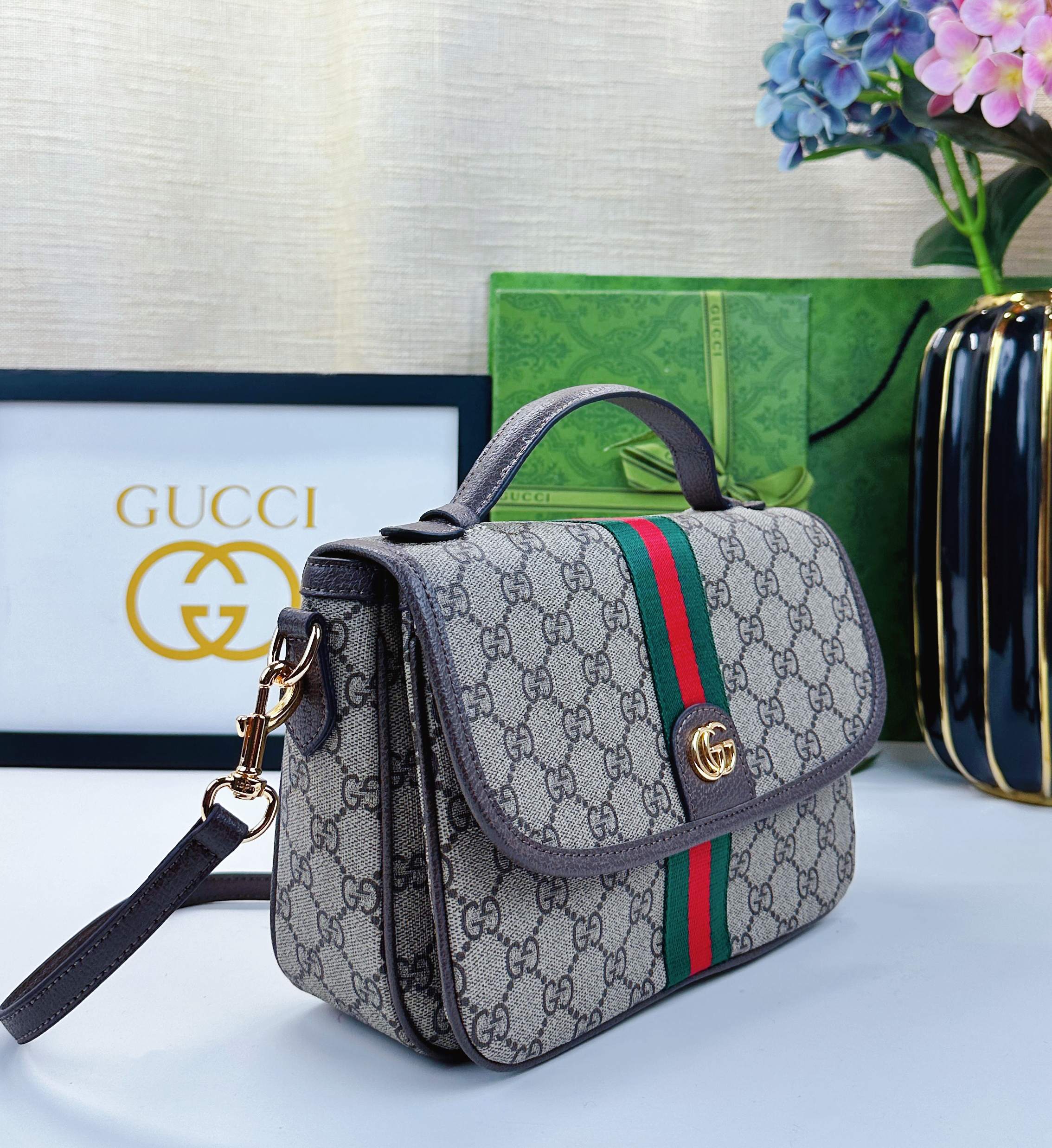 Ophidiaシリーズ新型ショルダーバッグ - 米色と深棕色のコンビネーション