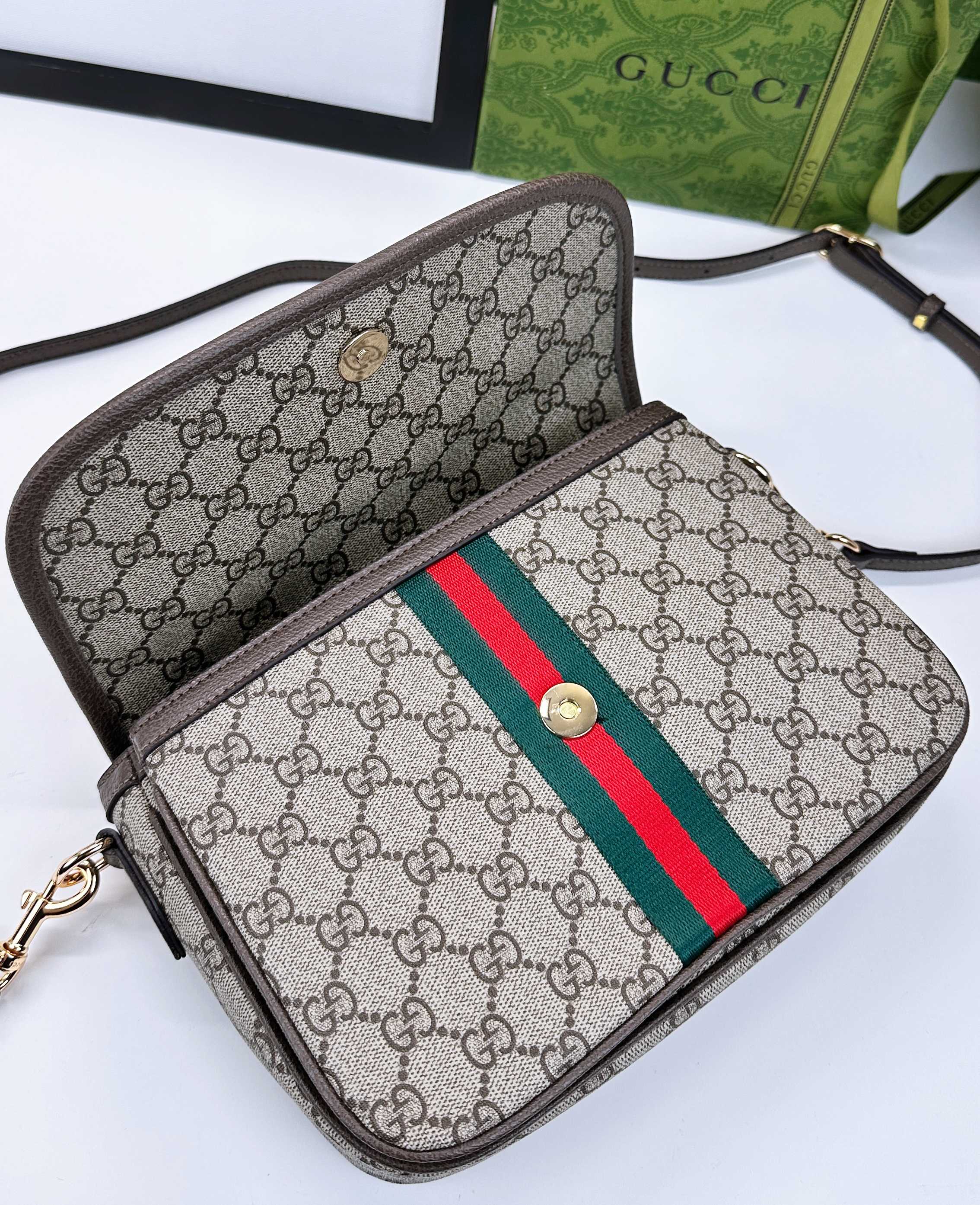 Ophidiaシリーズ新型ショルダーバッグ - 米色と深棕色のコンビネーション