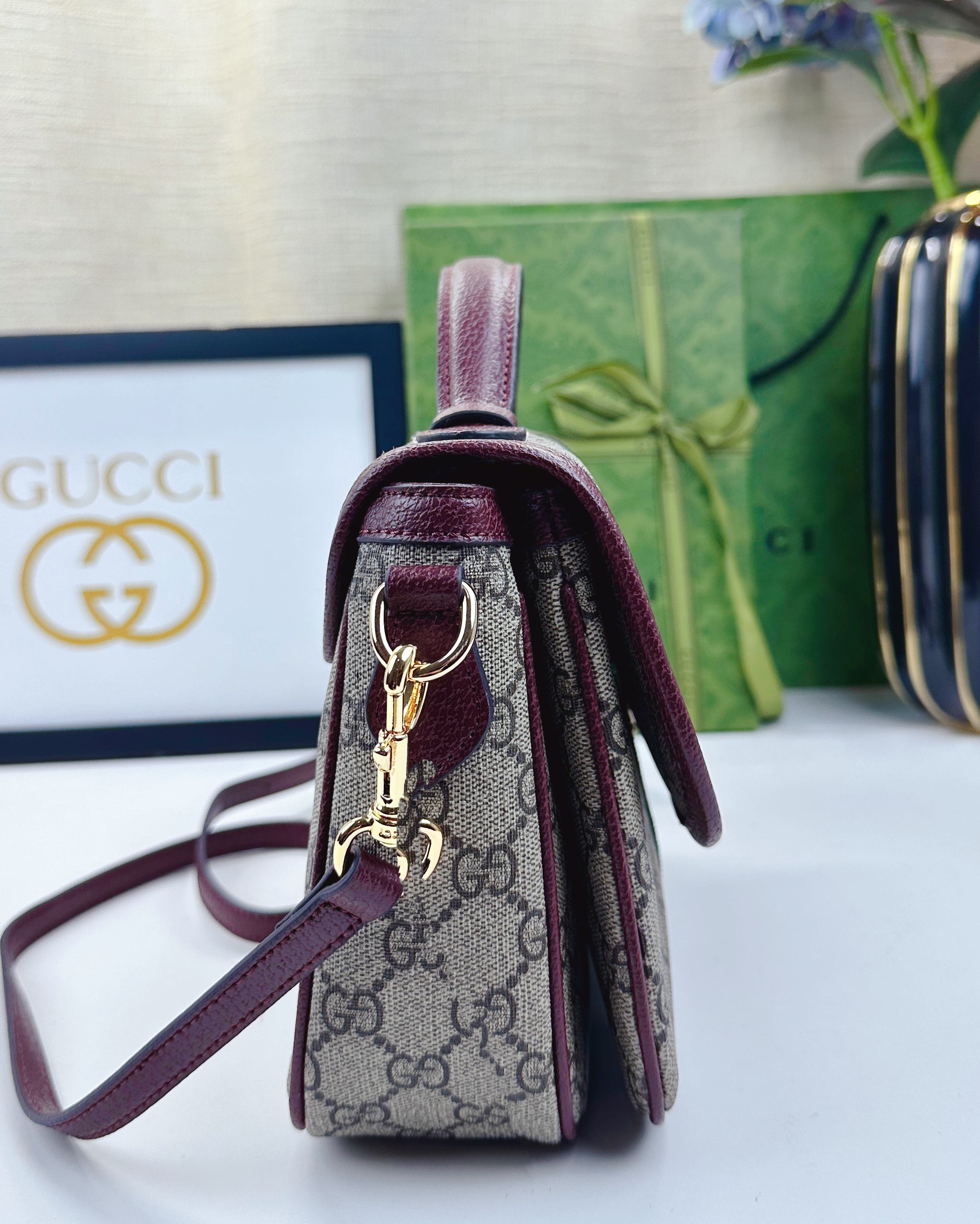 Ophidiaシリーズ ソフトな質感の新しいバッグ - 米色と深棕色のコンビネーション