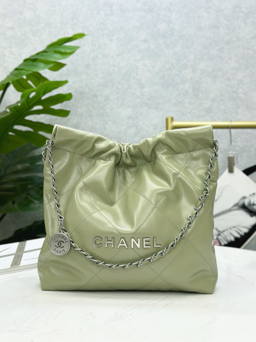 Chanel 22 Drawstring Handbag, Leather Quilted Hobo Bag, Light Green, 35x37x7cm 1 Chanel 22 Drawstring Handbag, Leather Quilted Hobo Bag, Light Green, 35x37x7cm