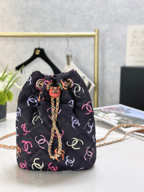 Chanel Drawstring Bucket Bag, 22cm, Black with Multicolor CC Logos 1 Chanel Drawstring Bucket Bag, 22cm, Black with Multicolor CC Logos