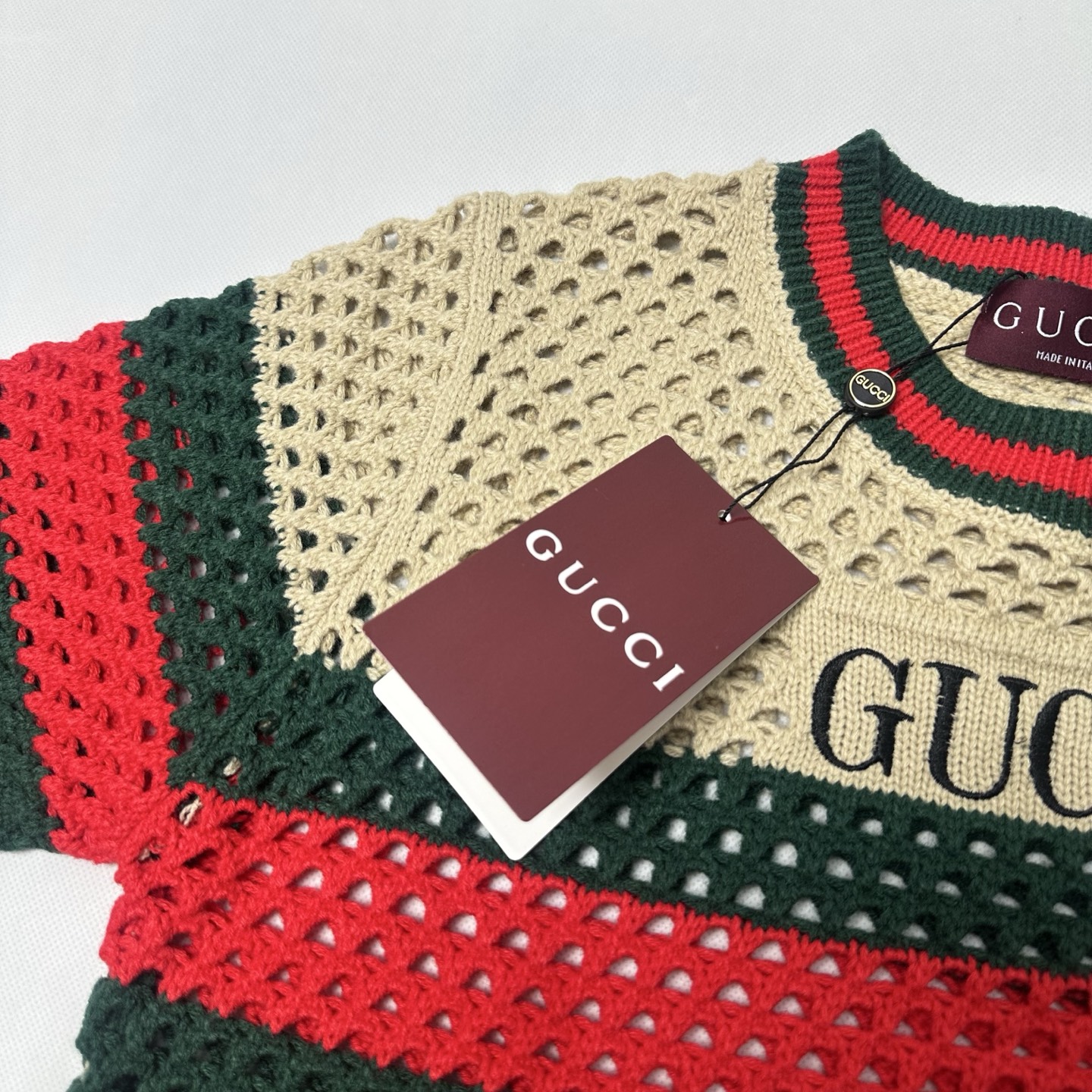 GUCCI/古驰 26SS复古镂空短袖针织衫 米黄红-Chinese UA Cheap High Quatity Brand Clothes Bags handbags Sneakers wholesale wholesaler seller from China Factory suppliers Fashion Clothing Shoes best Quality Beautiful Price GUCCI/古驰 26SS复古镂空短袖针织衫 米黄红