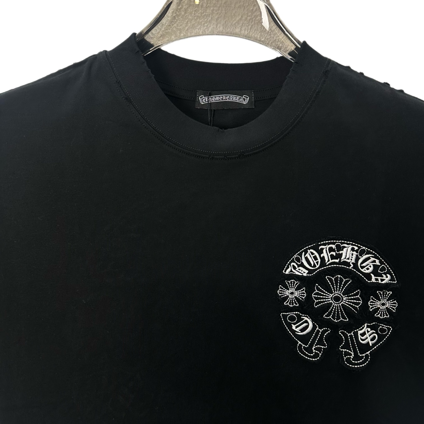 CHROME HEARTS/克罗心 26SS重工马蹄贴布刺绣圆领短袖 原单美式酸洗做旧激光烧花贴布绣 黑色 白色