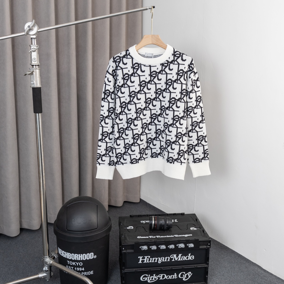 High-Tech Wool Sweater: Dior 23s, 500g, Imported Machinery, Black/White/Green, S-X - 图片 1