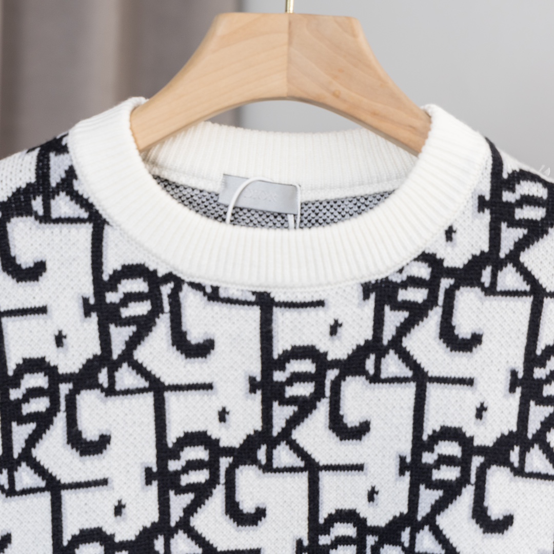 High-Tech Wool Sweater: Dior 23s, 500g, Imported Machinery, Black/White/Green, S-X - 图片 3