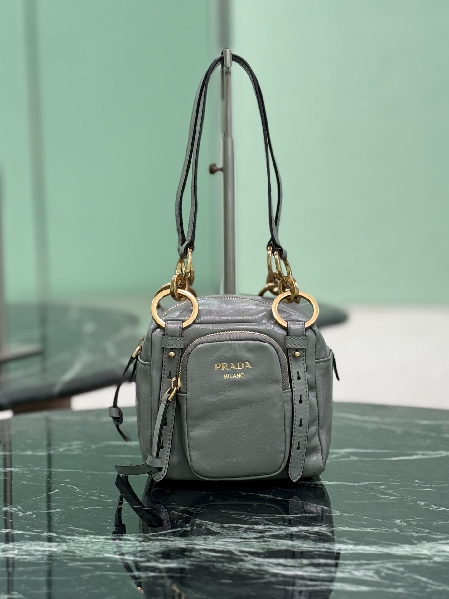 Prada Soft Lux Cube Small Handbag, Vintage-Inspired Leather, Gray, 14x14x13.5cm