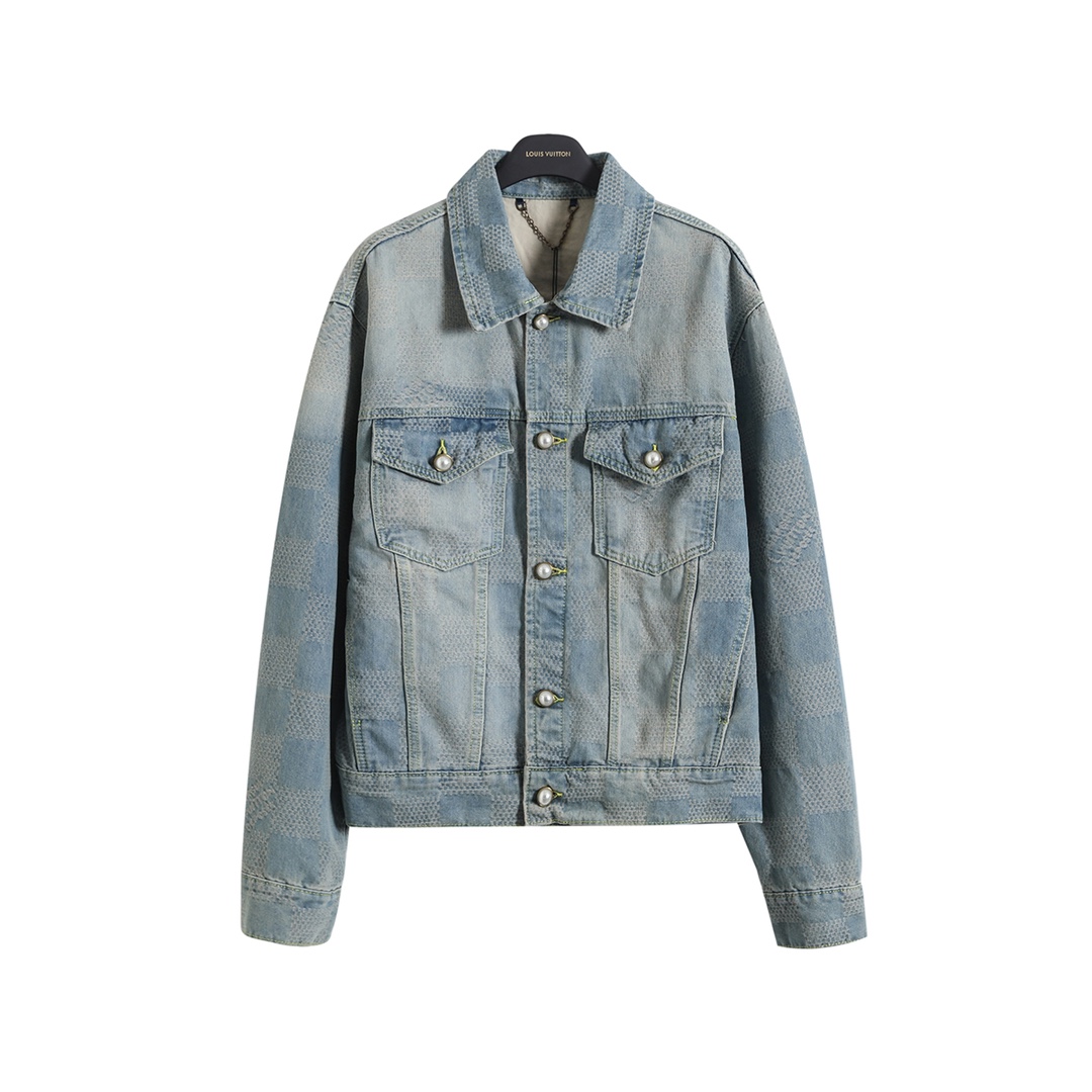 Louis Vuitton Denim Jacket Checkerboard Pattern Pearl Button Light Blue
