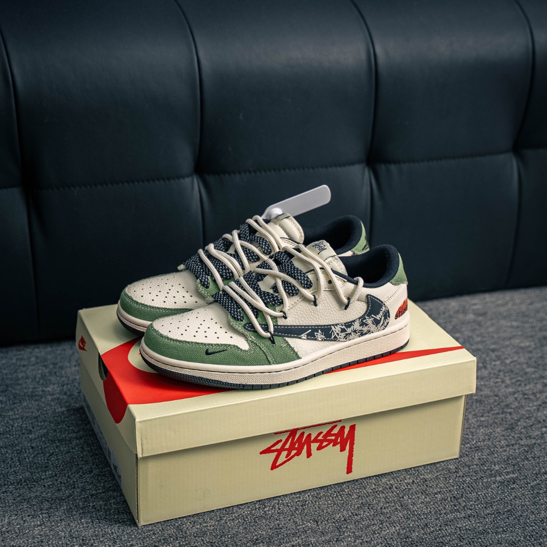 [AJ Series]Joe 1 Low-cut barb white and green deconstructed strap custom Stuce