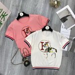 Hermes Clothing T-Shirt Pink White Embroidery Short Sleeve
