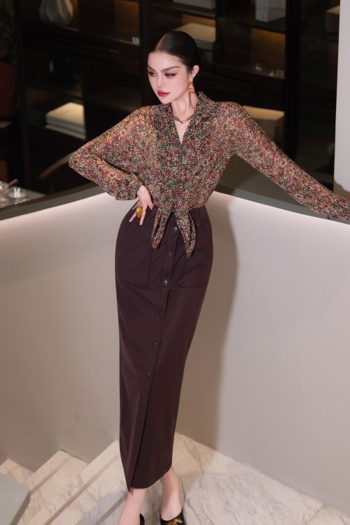 Floral Print Blouse and Button-Front Skirt Set - Versatile Two-Piece Outfit 1 Floral Print Blouse and Button-Front Skirt Set - Versatile Two-Piece Outfit