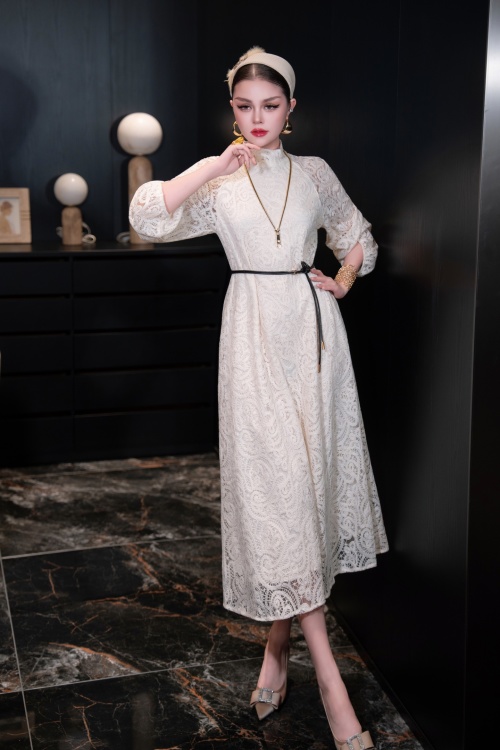 Elegant Women's White Lace Dress with Belt, Long Sleeve A-Line Midi Dress 1 Elegant Women's White Lace Dress with Belt, Long Sleeve A-Line Midi Dress