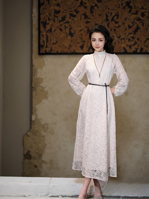 Elegant Lace Midi Dress with Lantern Sleeves and Adjustable Waist Belt 1 Elegant Lace Midi Dress with Lantern Sleeves and Adjustable Waist Belt