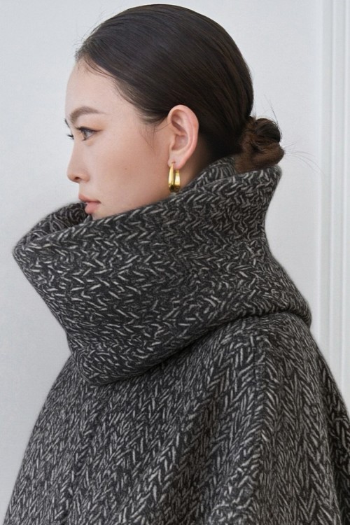 Wool Blend Herringbone Scarf Coat, Warm Winter Outerwear with Pocket Details 1 Wool Blend Herringbone Scarf Coat, Warm Winter Outerwear with Pocket Details