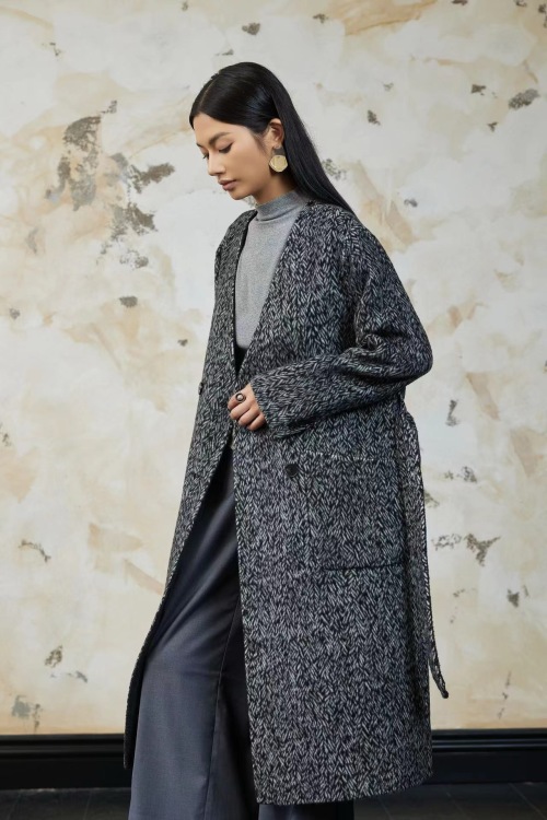 Herringbone Tweed Coat, Longline Wool Blend Overcoat with V Neck For Women 1 Herringbone Tweed Coat, Longline Wool Blend Overcoat with V Neck For Women